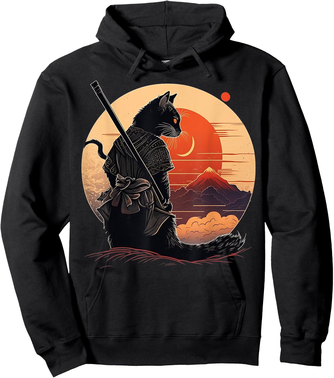 Vintage Japanese Sunset Style and samurai cat Kitten Lover Men Women Kids Hoodie - Hoodie | Black