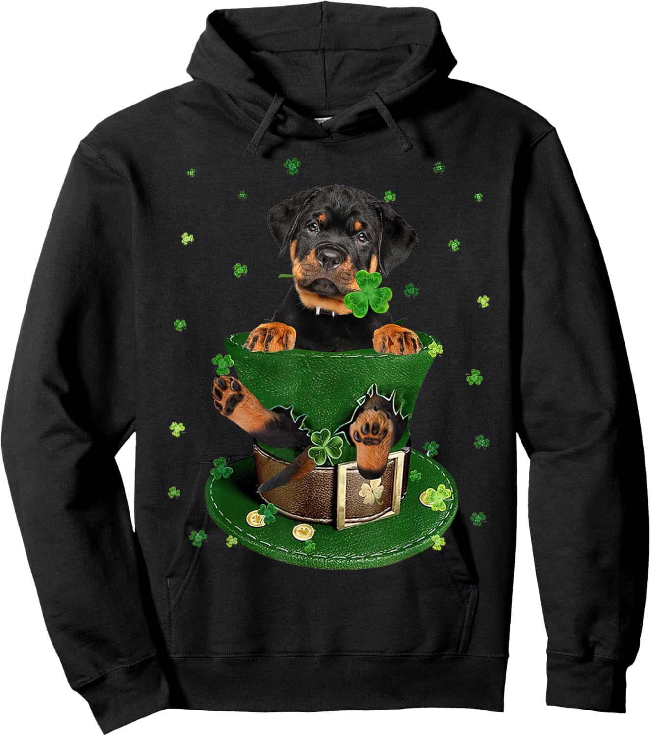 St Patrick's Day Leprechaun Rottweiler Dog Shamrock Irish Hoodie - Hoodie | Black