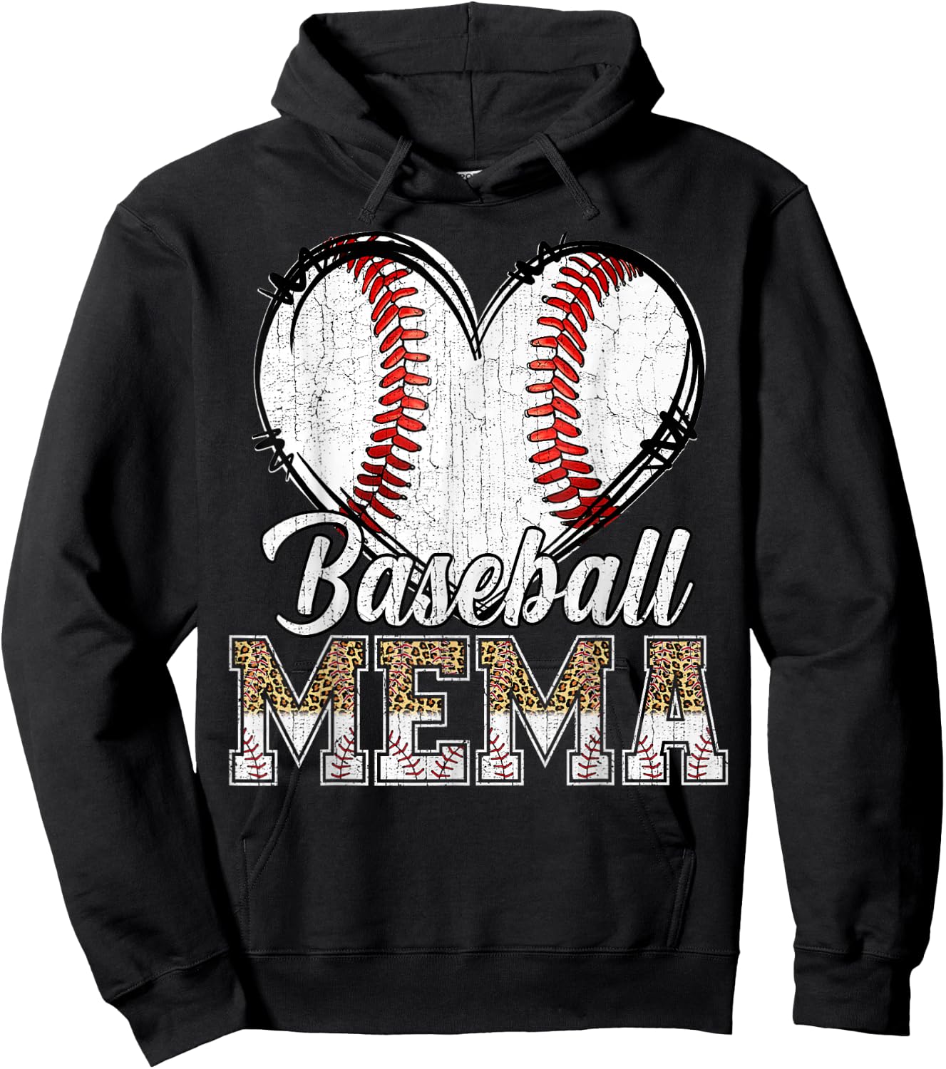 Softball Baseball Mema Heart Leopard Print Mother's Day Hoodie - Hoodie | Black