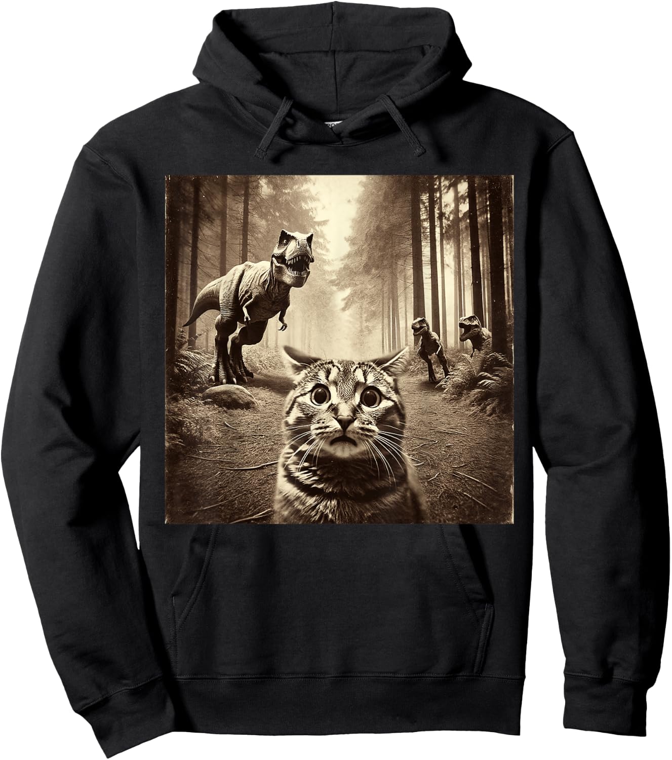 Funny Last Selfie Of Cat Before T-Rex Attack Hilarious Cat Hoodie - Hoodie | Black