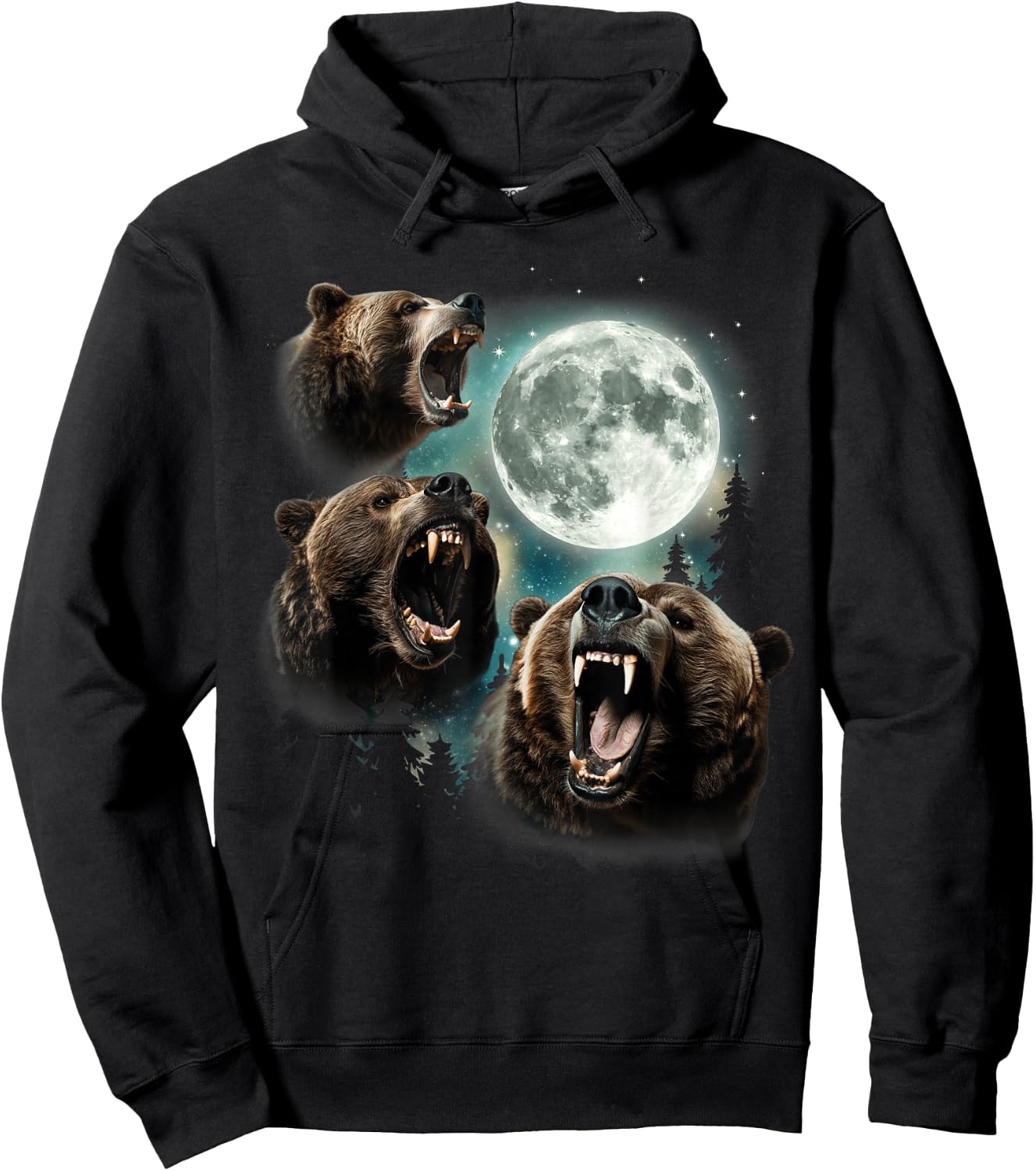 Three Grizzly Bears Howl At Moon Starry Mountain Forest Bear Hoodie - Hoodie | Black