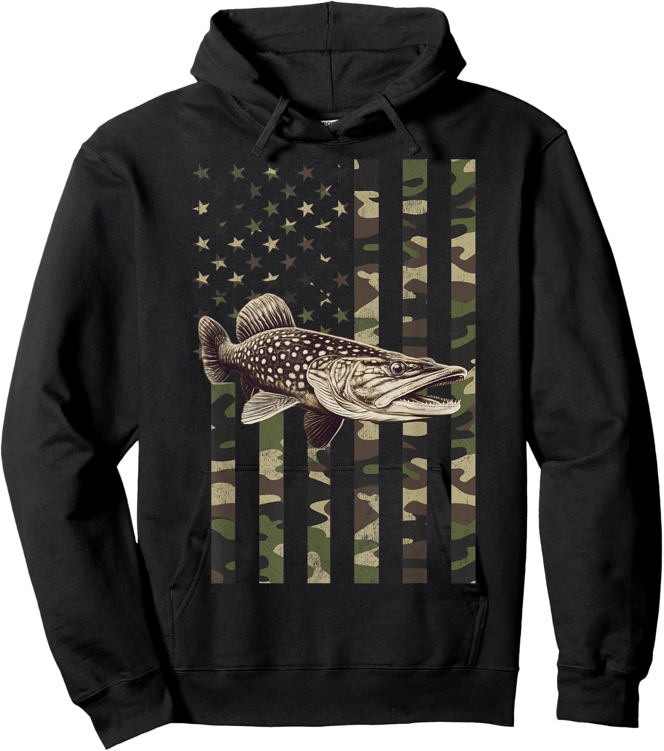 Northern Pike with Camo American Flag, Northern Pike Hoodie - Hoodie | Black