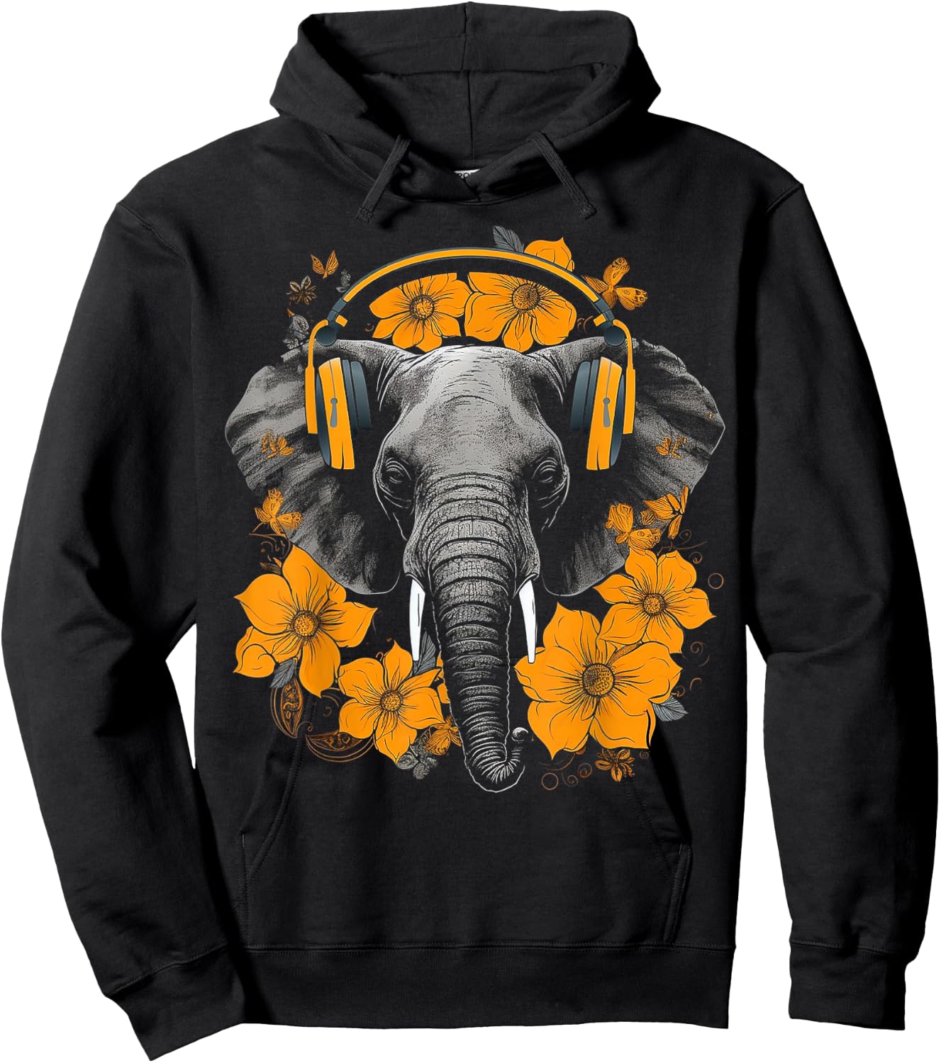 Elephant Headphones Artwork | Music Animal Flower Elephant Hoodie - Hoodie | Black
