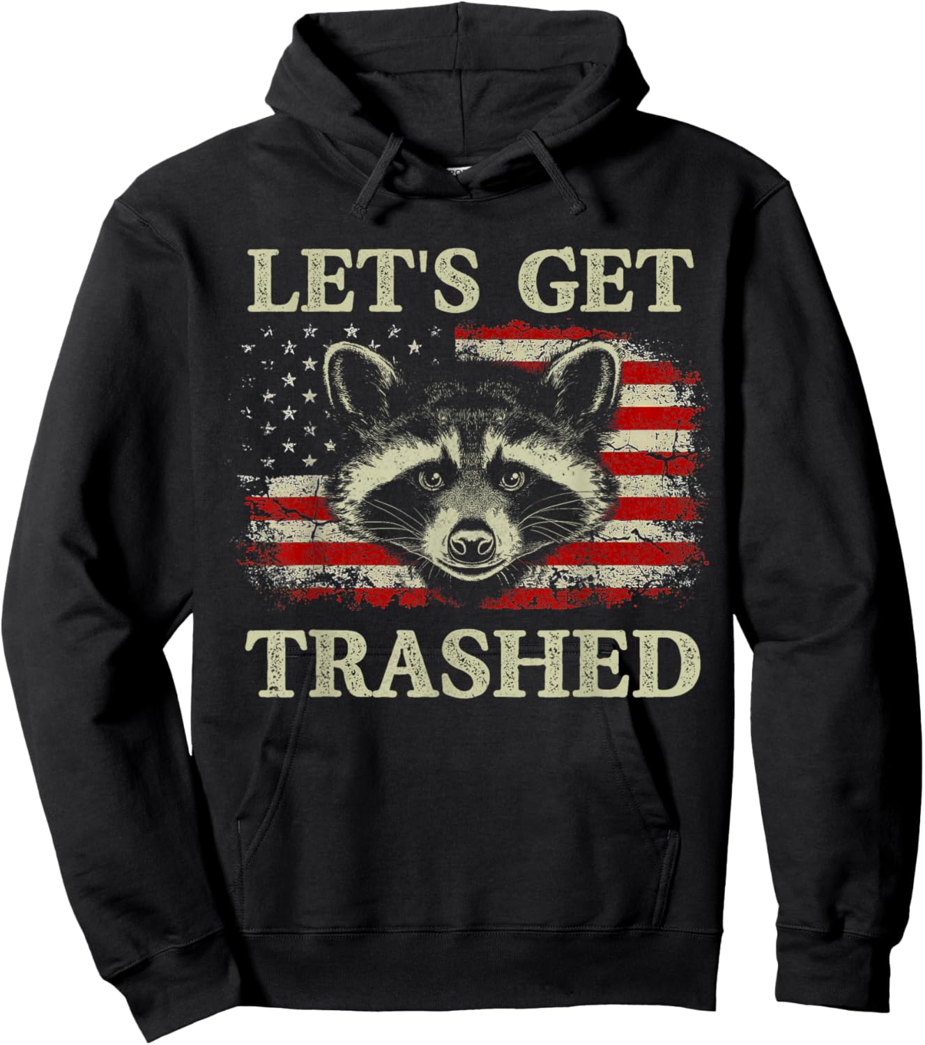Funny Raccoon Let's Get Trashed Vintage American Flag Hoodie - Hoodie | Black