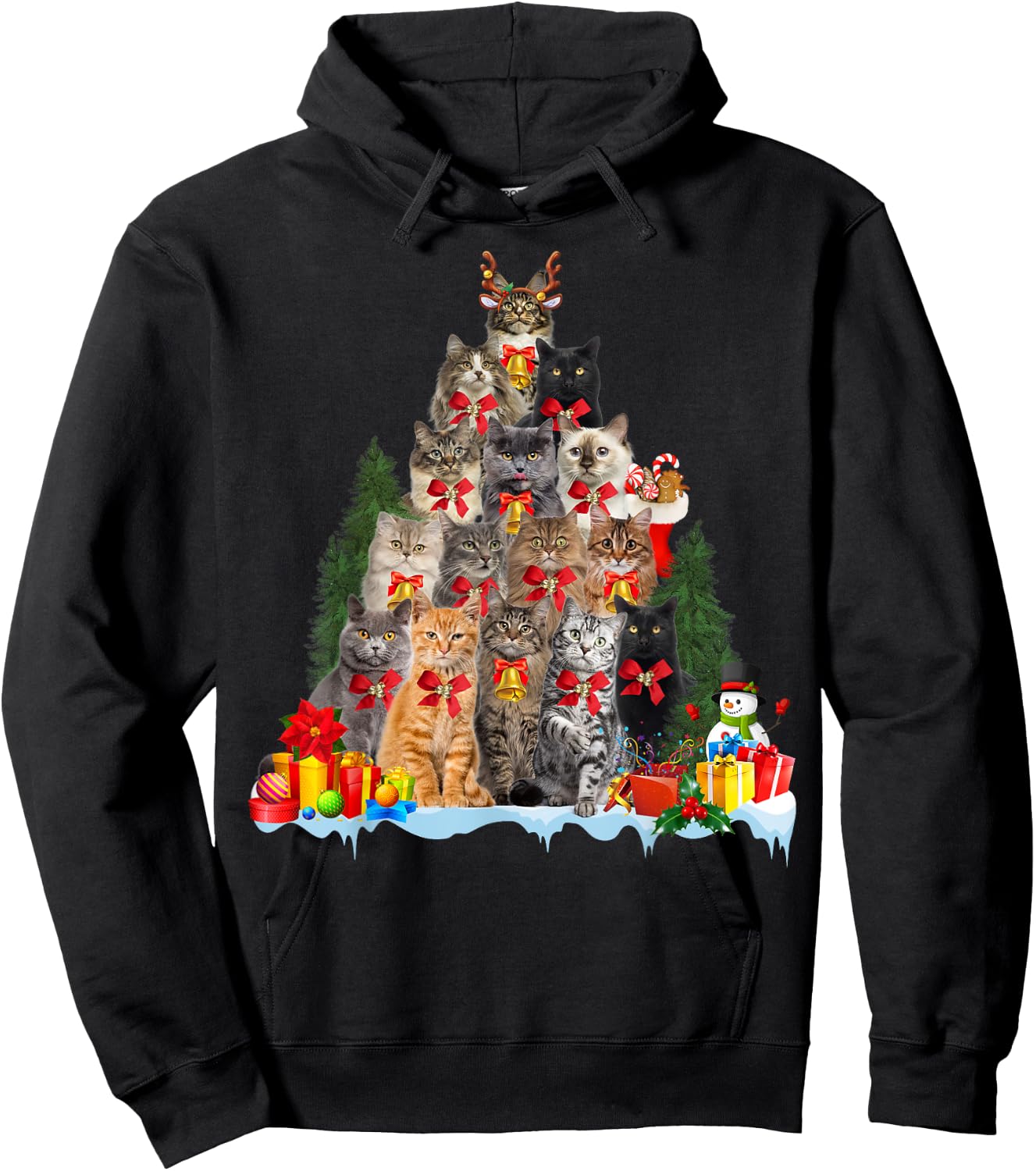 Christmas Pajama Cat Xmas Tree Ornament Cat Lover, Cat Mom Hoodie - Hoodie | Black