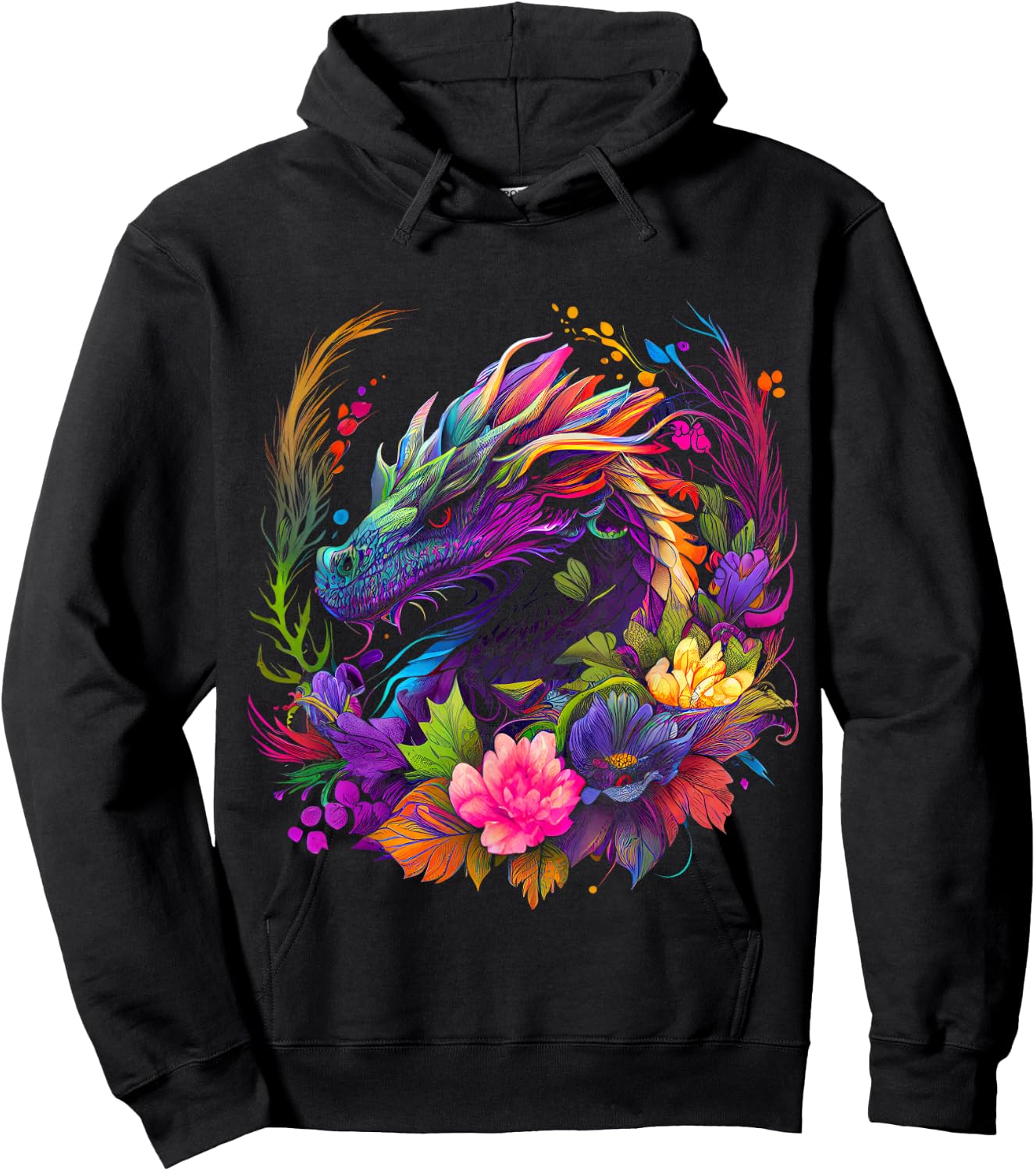 Watercolor Dragon Flowers Beautiful Art Colorful Graphic Hoodie - Hoodie | Black
