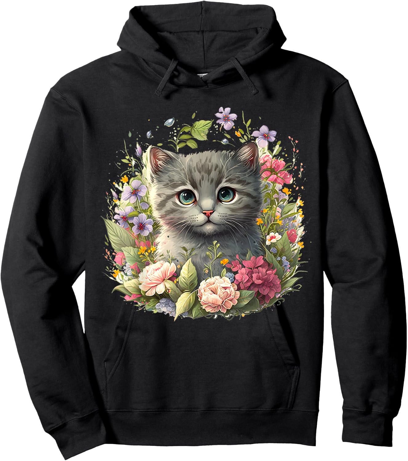 Adorable Cat, Cute Kitten Floral Hoodie - Hoodie | Black