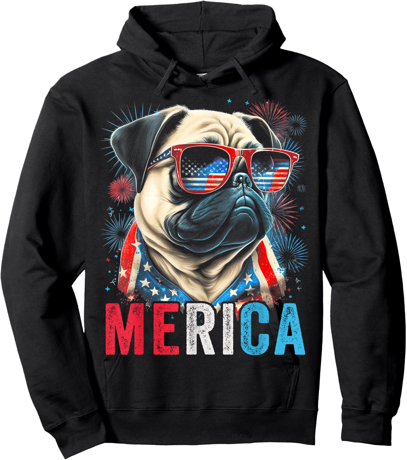 Pug Dog 4th of July American Flag America USA Merica Funny Kids Men Hoodie - Hoodie | Black