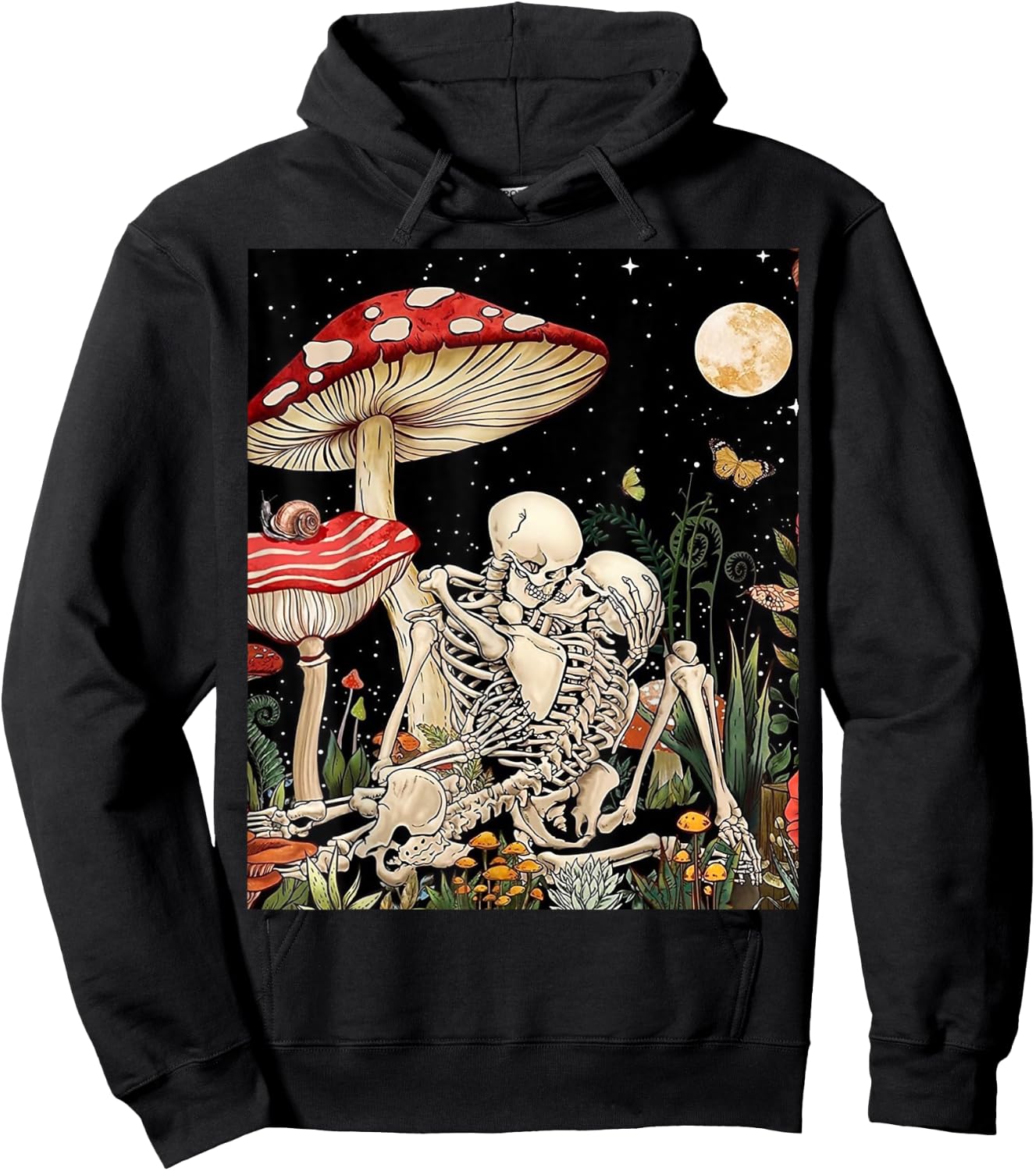 Boho Mushroom Retro Skeleton Couple Vintage Kiss Witchy Moth Hoodie - Hoodie | Black