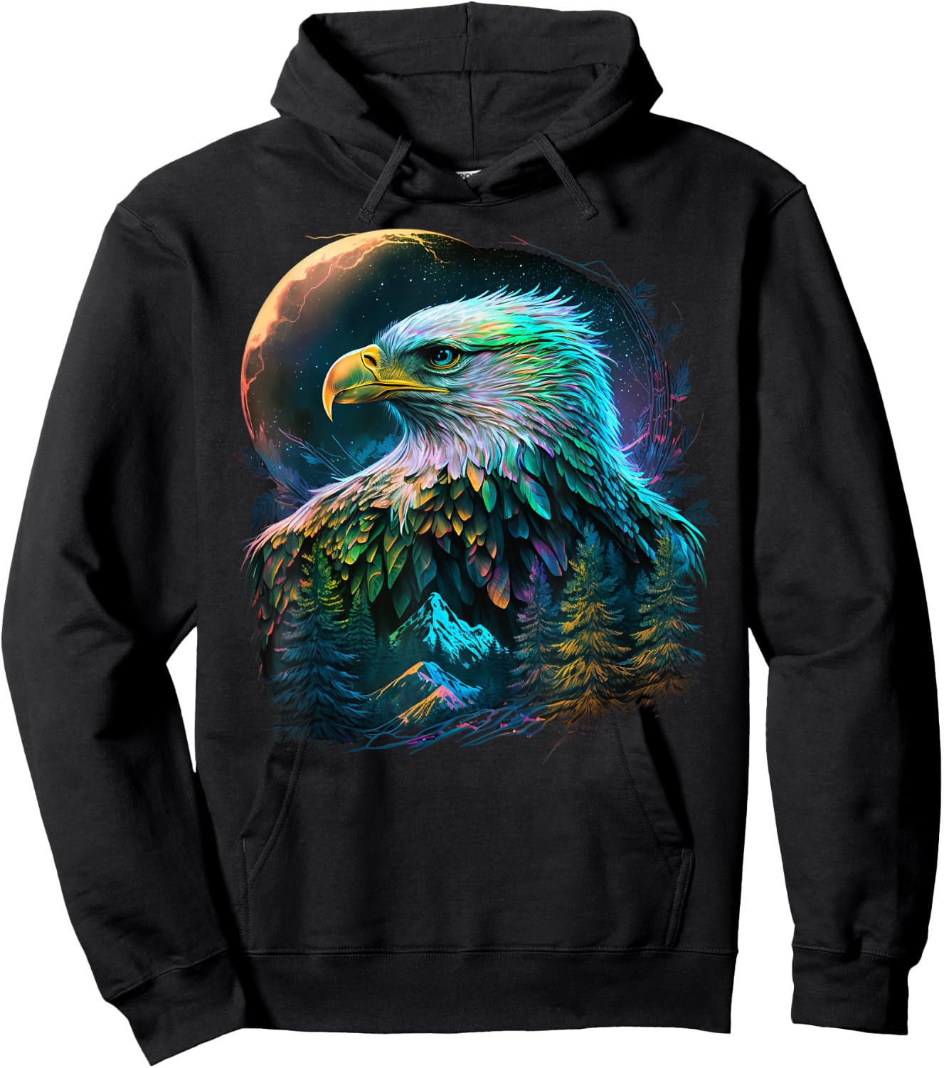Colorful Realistic Eagle in Wilderness Nature on Moon Eagle Hoodie - Hoodie | Black