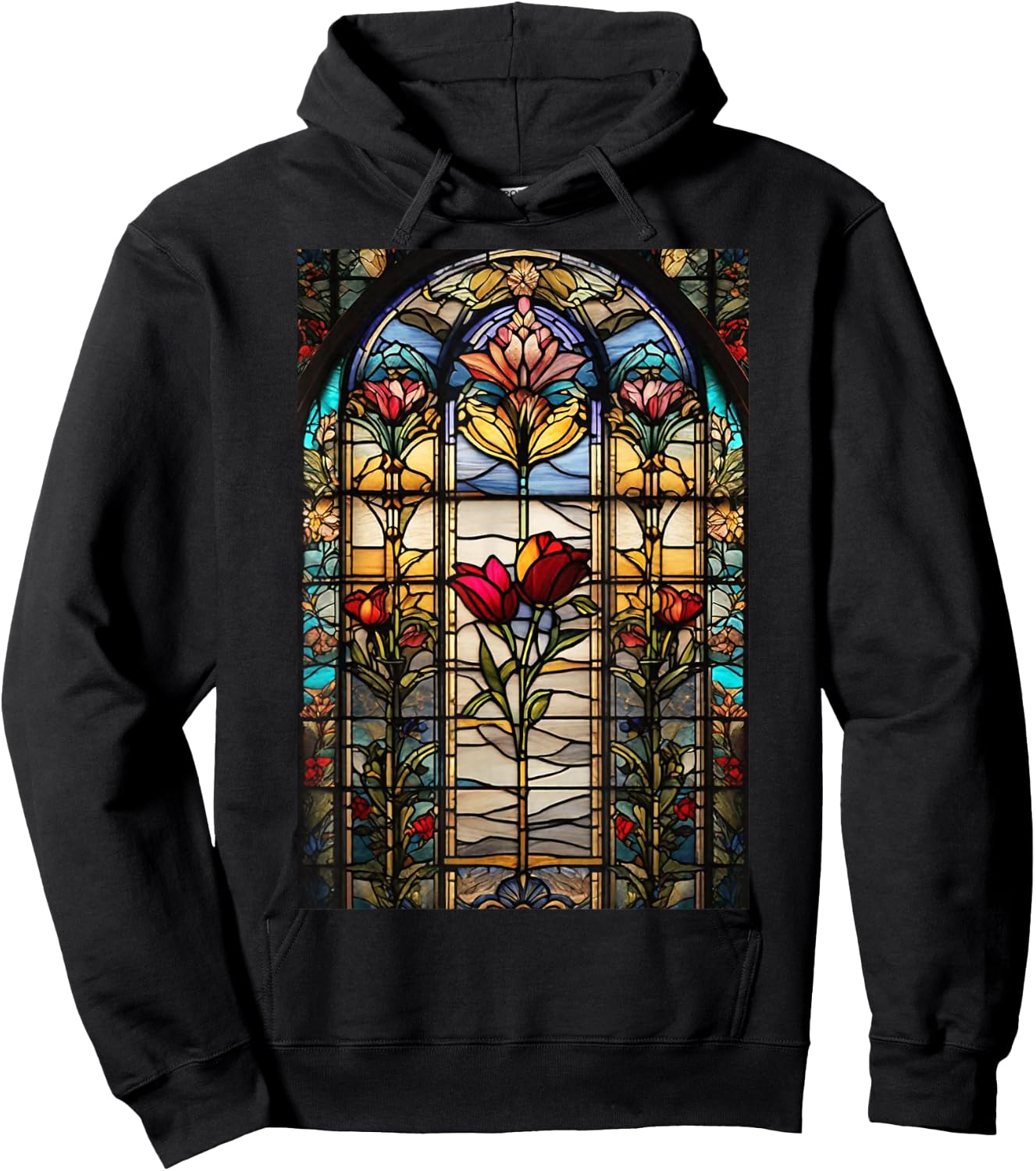 Stained-Glass Style Floral Art Flowers Surreal Print Hoodie - Hoodie | Black