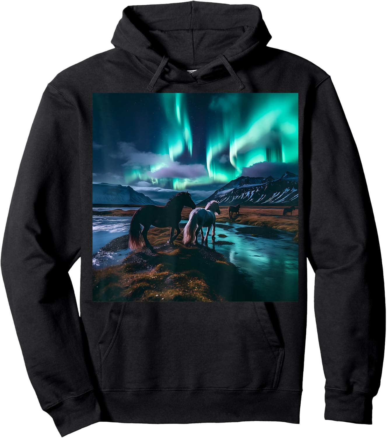 Iceland Northern Lights Landscape Wilderness Horse Souvenir Hoodie - Hoodie | Black