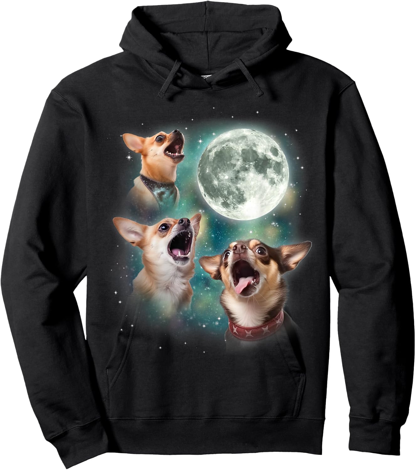 Three Chihuahuas Howl at Moon | 3 Dogs Funny Wolves Parody Hoodie - Hoodie | Black