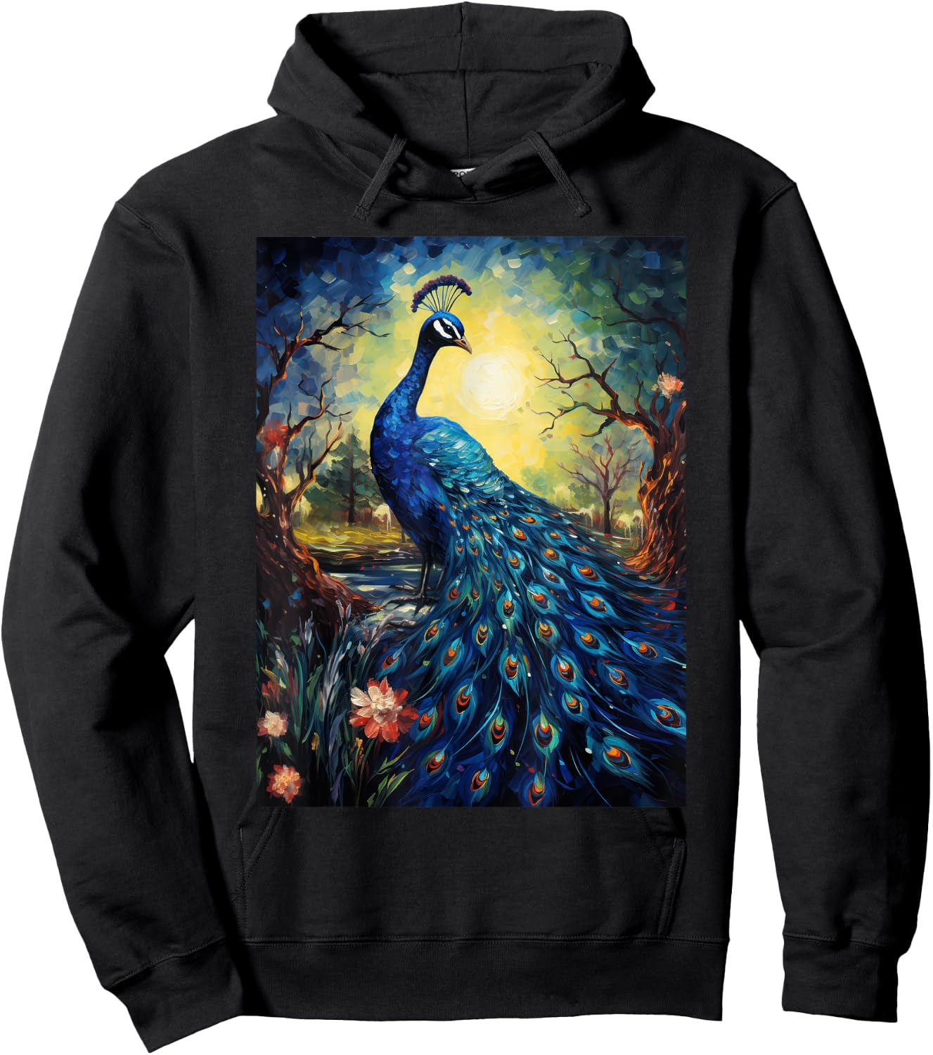 Peacock Starry Night Van Gogh Style Graphic Hoodie - Hoodie | Black