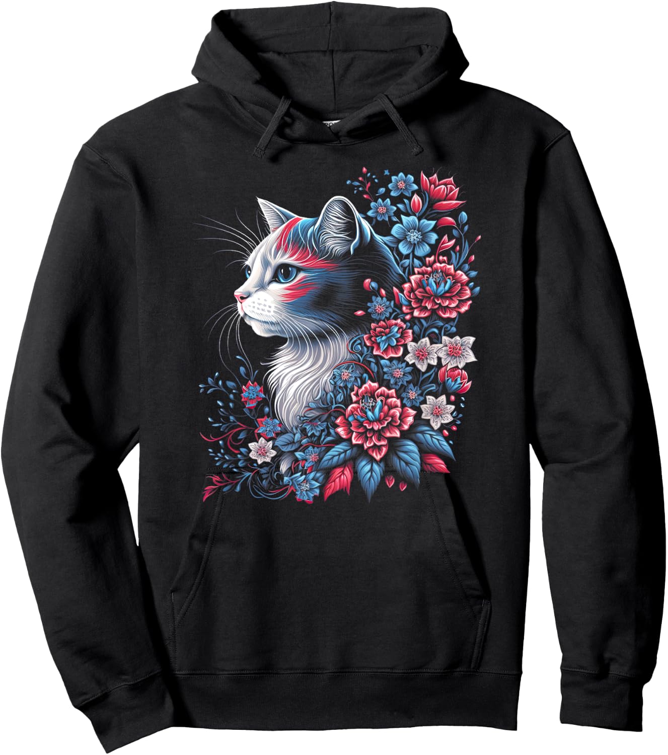 Floral Cat - Red White and Blue 4th of July Patriotic Women Kids Men Hoodie - Hoodie | Black