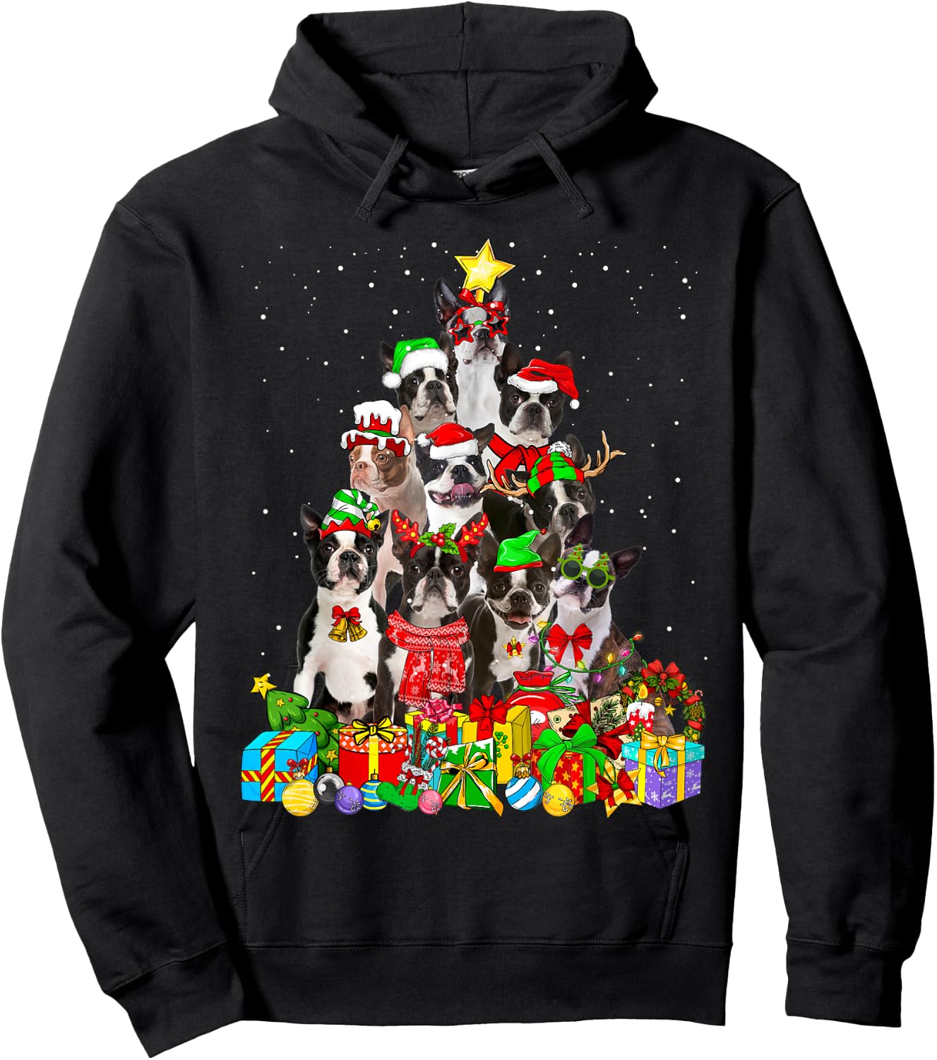 Funny Boston Terrier Dog Christmas Tree Lights Xmas Pajama Women Kids Hoodie - Hoodie | Black