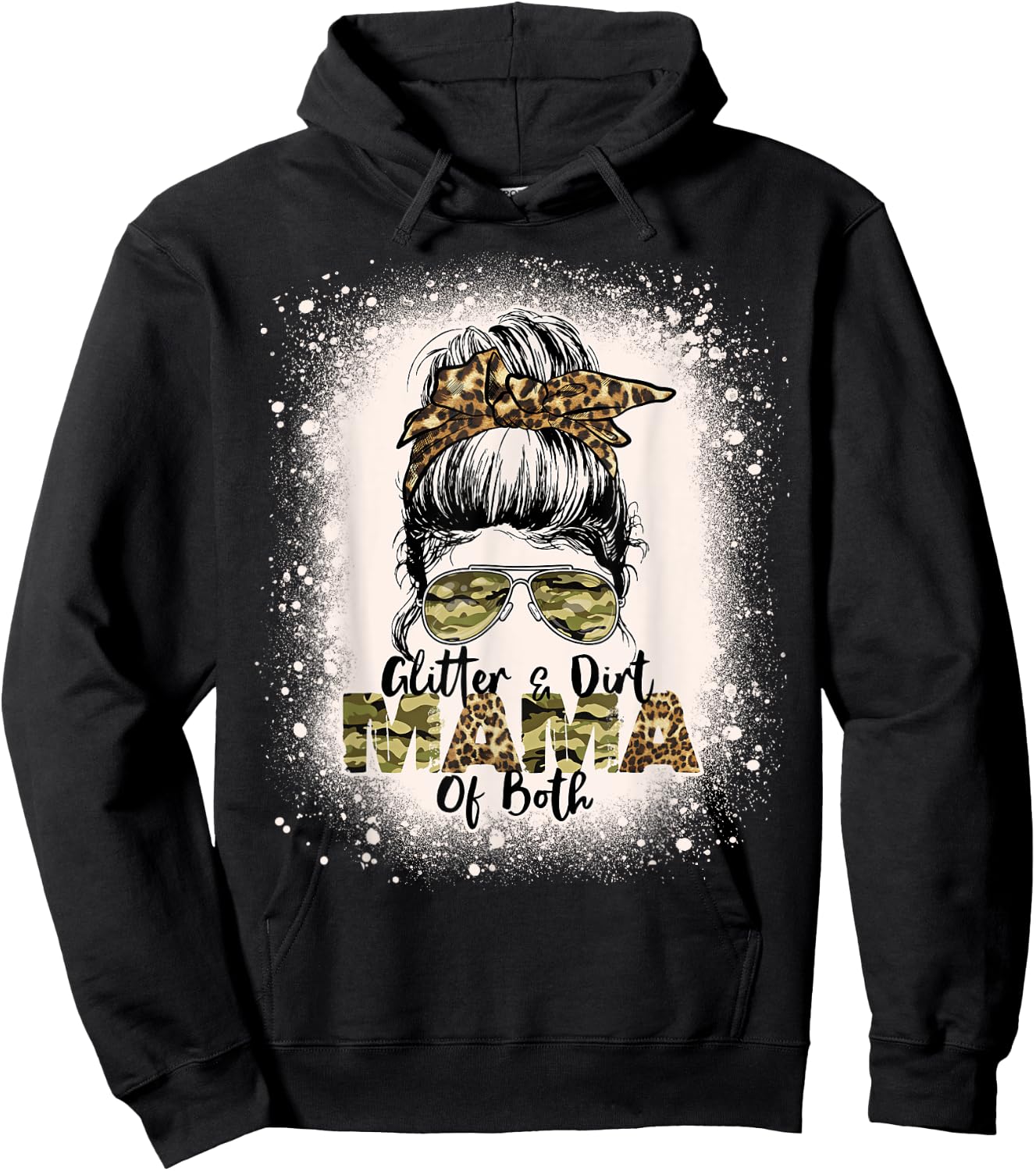 Glitter & Dirt Mama Of Both Leopard Camo Messy Bun Bleached Hoodie - Hoodie | Black