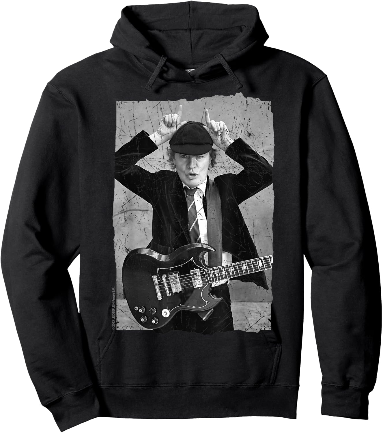 Official AC/DC Rock Music Band Angus Young Distressed Photo Hoodie - Hoodie | Black