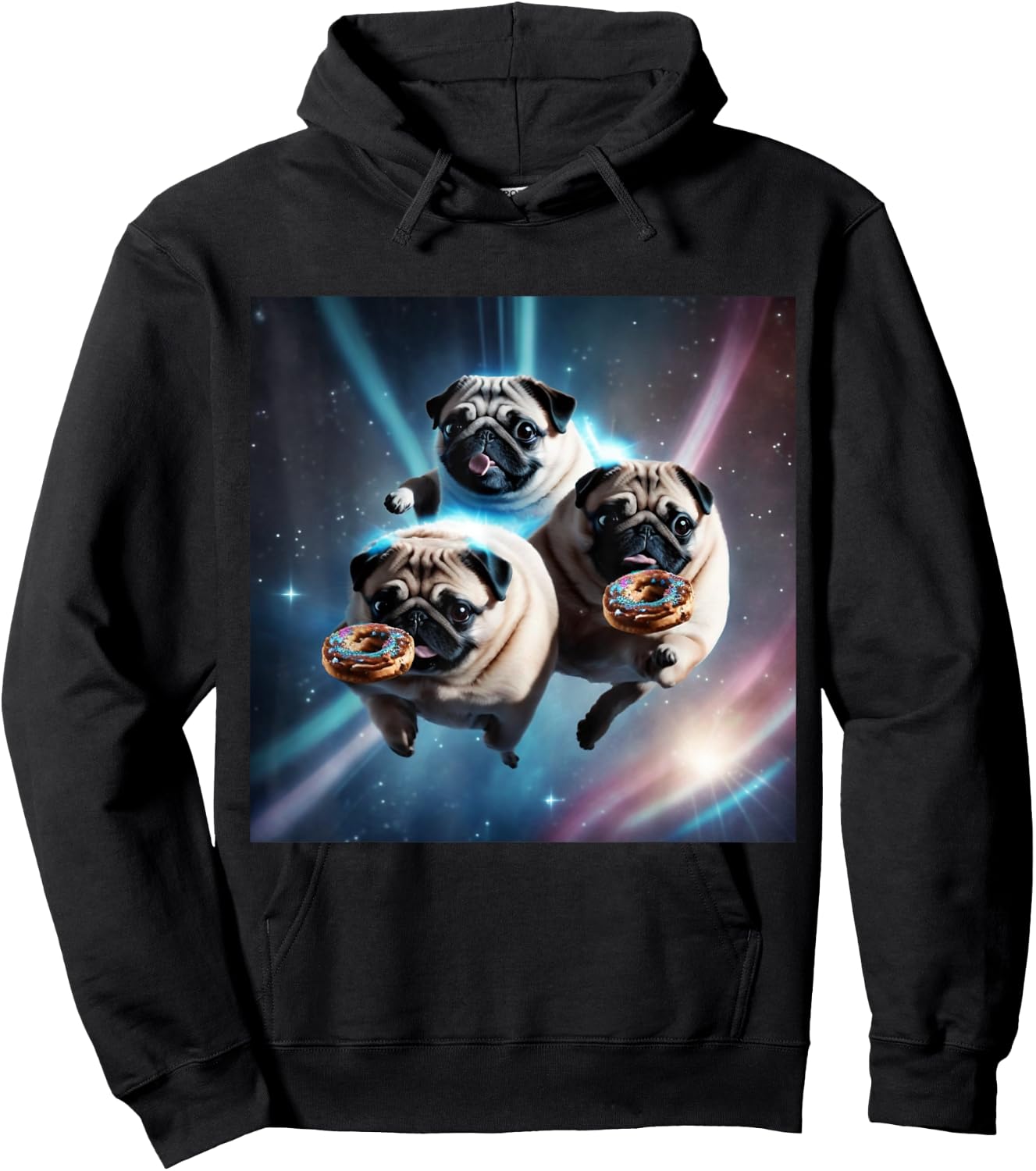 Pugs In Space With Donuts Cute Pug Boys Girls Men Women Hoodie - Hoodie | Black
