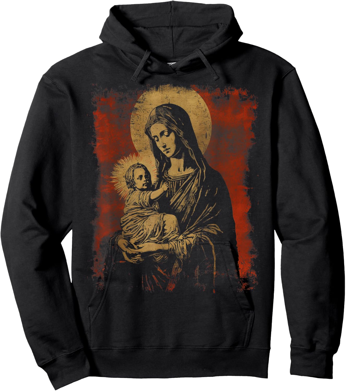 Mary & Jesus Retro Distressed 90s Goth Grunge Vibes Graphic Hoodie - Hoodie | Black
