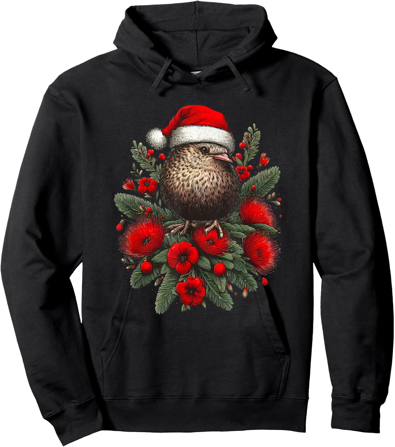 Christmas New Zealand Kiwi Bird Santa Hat Pohutukawa Tree Hoodie - Hoodie | Black