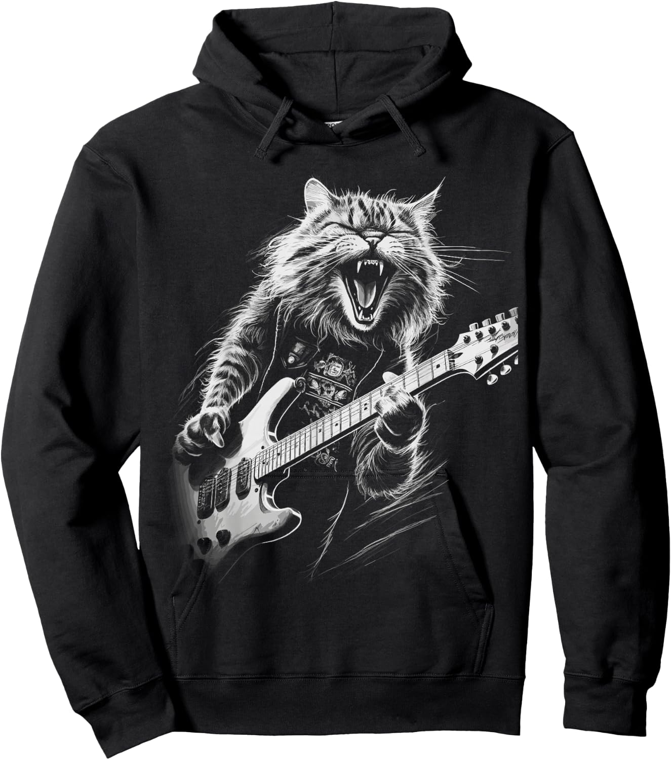 Rock Cat Playing Guitar Woman Funny Guitar Cat Hoodie - Hoodie | Black