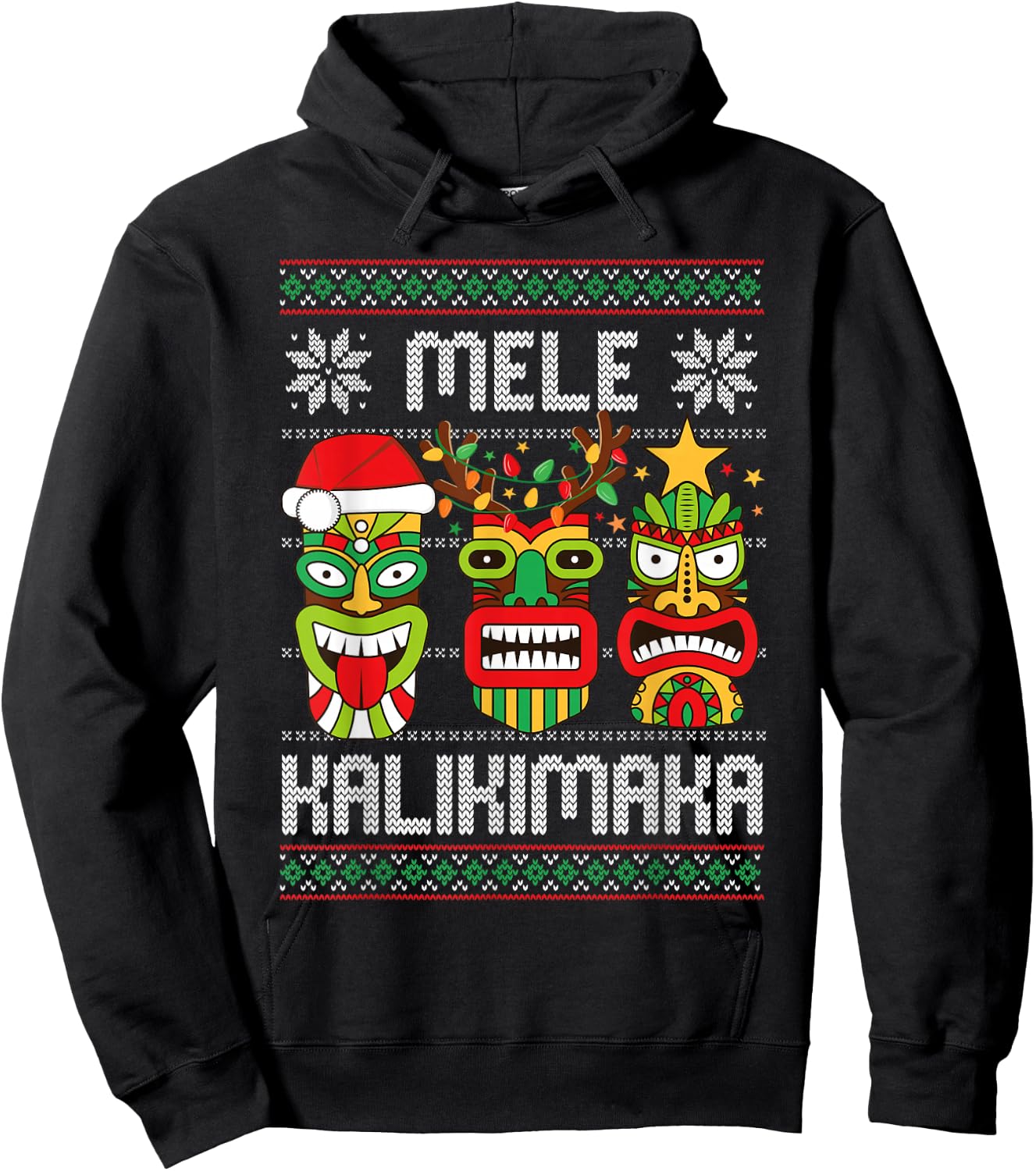 Mele Kalikimaka Christmas Hawaiian Santa Tiki Ugly Christmas Hoodie - Hoodie | Black