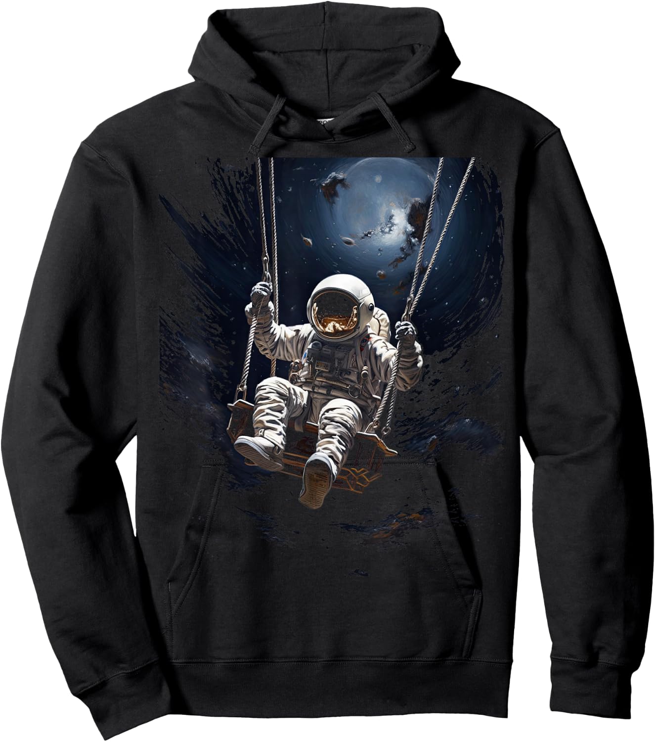 Astronaut Sitting on a Swing in Space Stars Moon Hoodie - Hoodie | Black