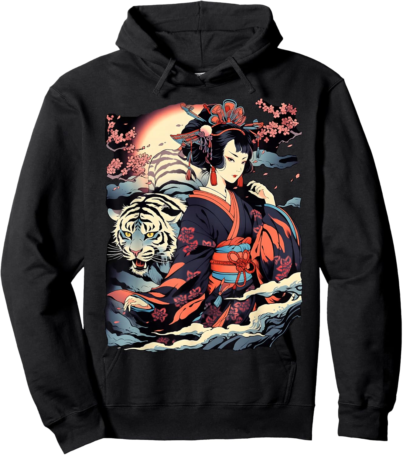 Make a Statement with This Bold Geisha and Tiger Tattoo Hoodie - Hoodie | Black