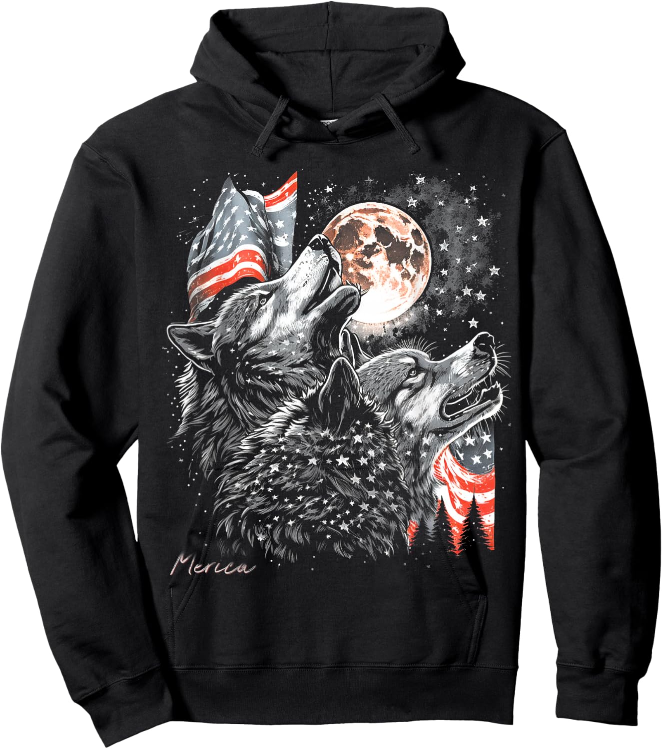 Wolf 4th of July American Flag Howling America Moon Funny Hoodie - Hoodie | Black