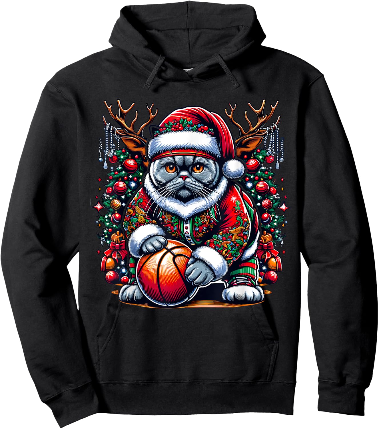 Funny Santa British Shorthair Cat Play Basketball Christmas Hoodie - Hoodie | Black