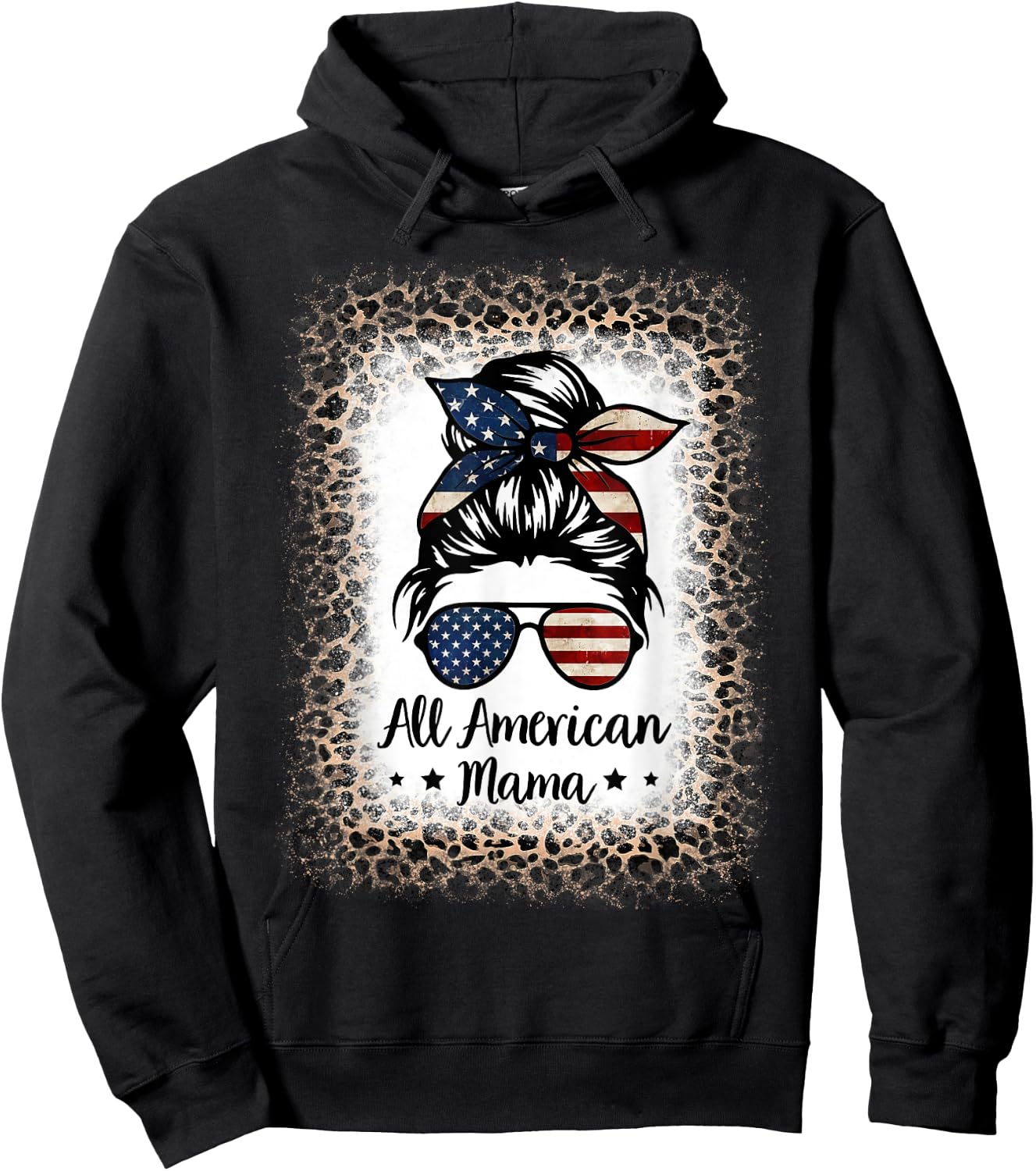 All American Mama Messy Bun Bleached Leopard 4th of July Kids Men Hoodie - Hoodie | Black