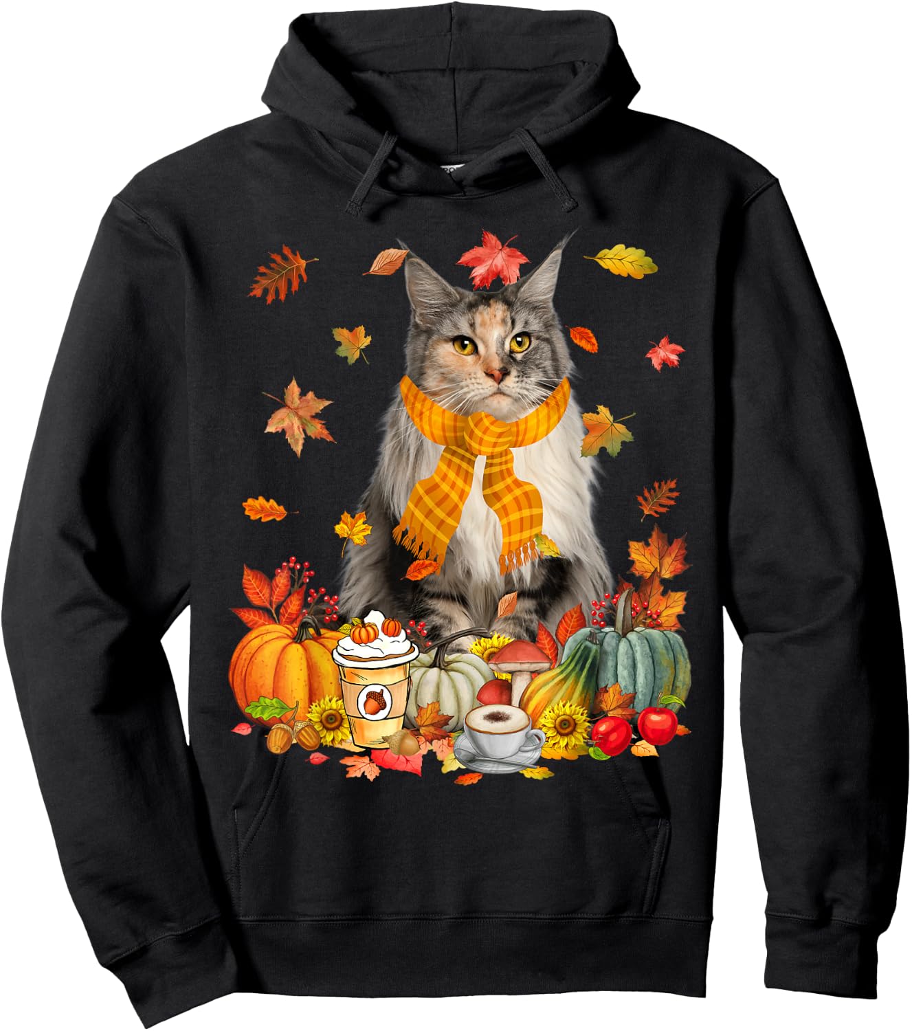 Cup Of Coffe Maine Coon Cat Pumpkins Fall Vibes Thanksgiving Hoodie - Hoodie | Black