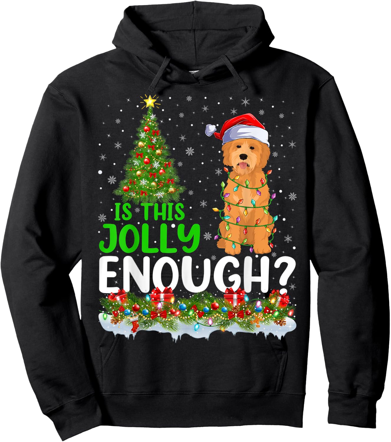 Is This Jolly Enough Goldendoodle Dog Christmas Tree Hoodie - Hoodie | Black