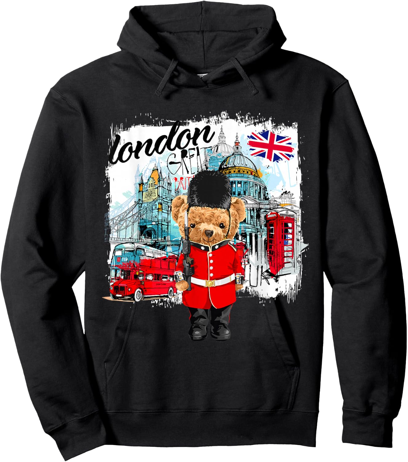 London Teddy Bear Queen Guard Illustration Graphic Cartoon Hoodie - Hoodie | Black