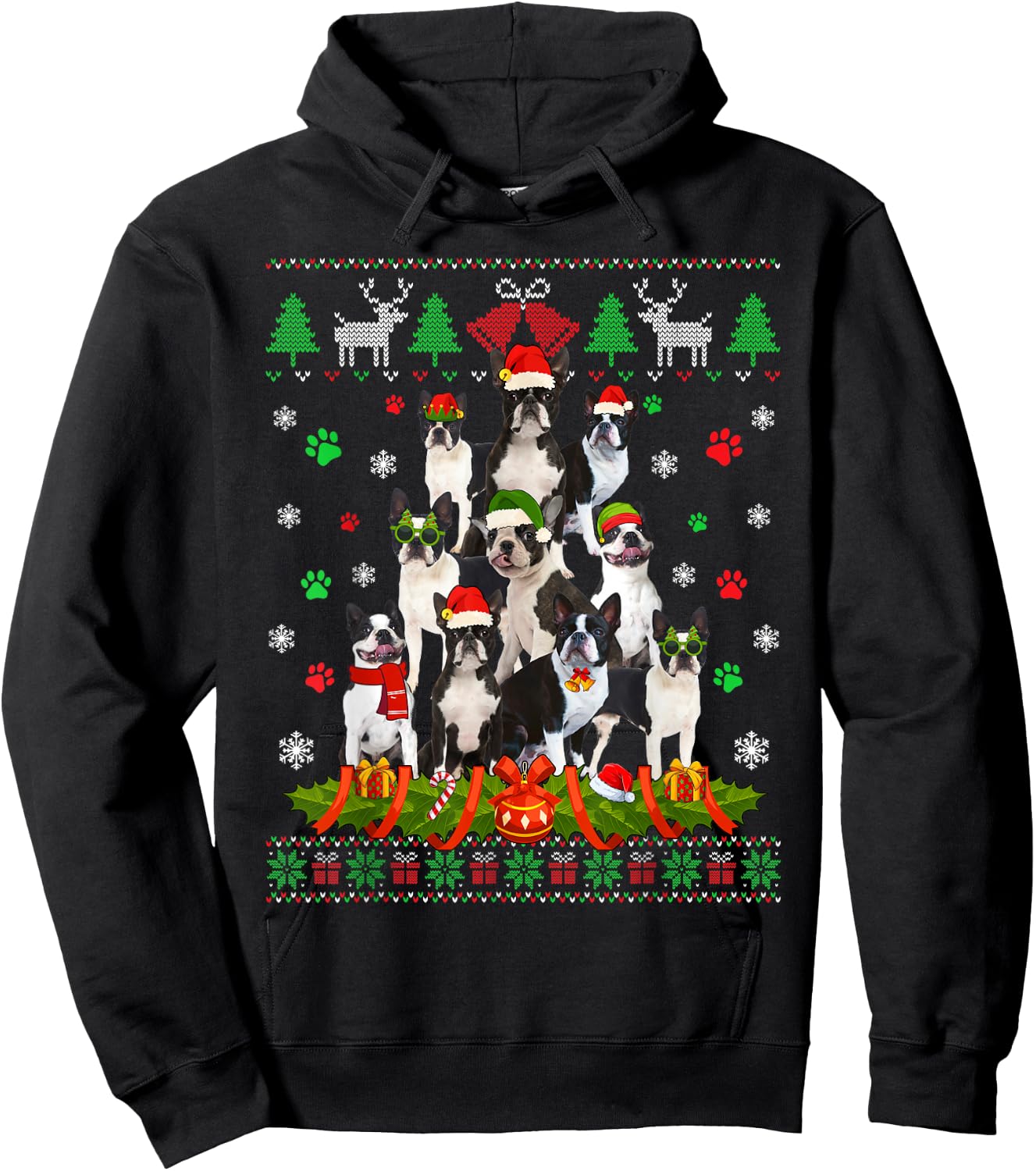 Ugly Sweater Christmas Tree Boston Terrier Dog Xmas Pajama Hoodie - Hoodie | Black
