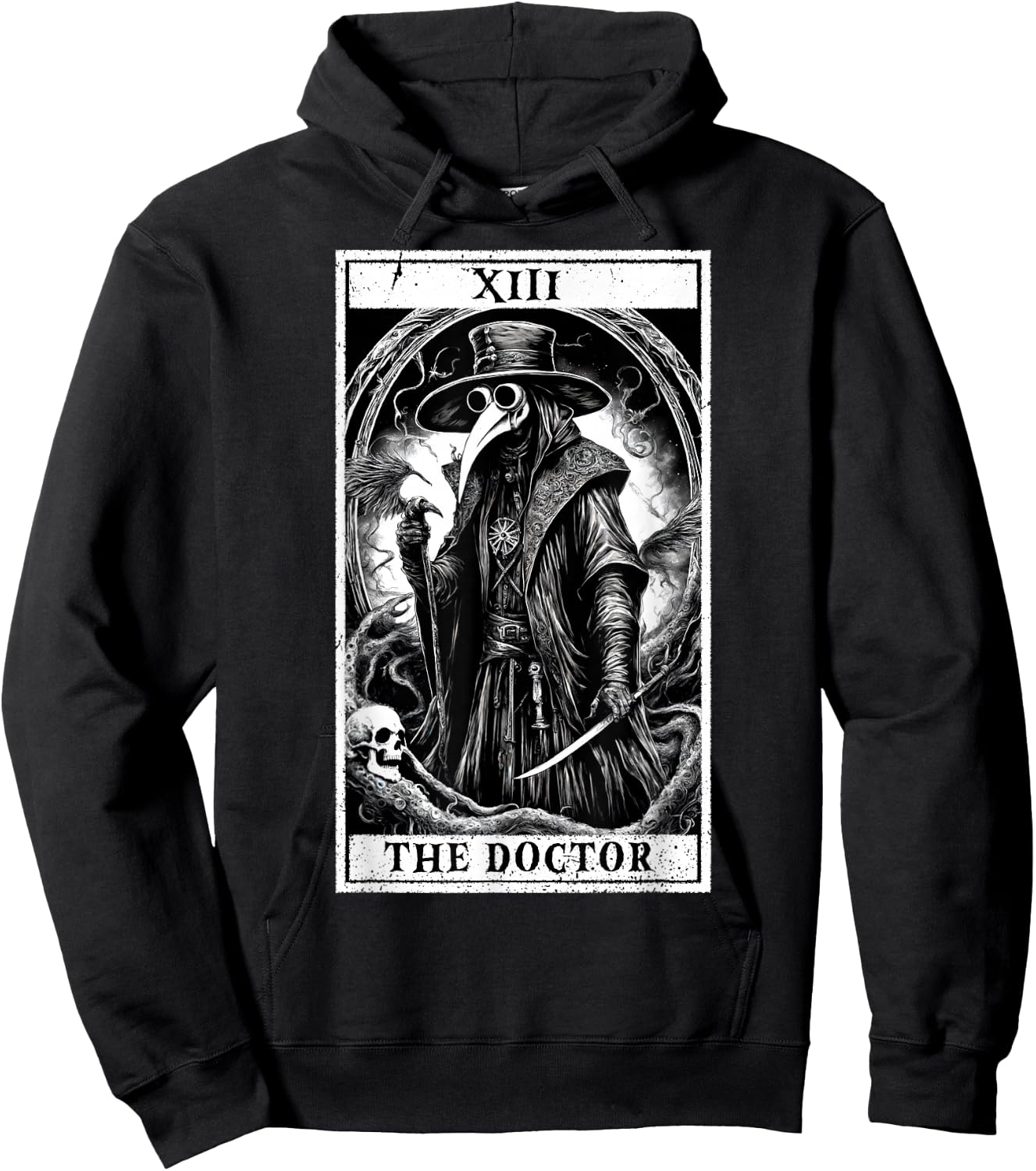 Tarot Card Plague Medical Doctor Magic Occult White on Black Hoodie - Hoodie | Black