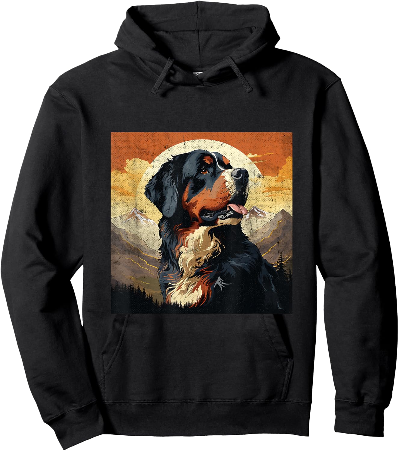Vintage Bernese Mountain Dog Distressed Mountain Sunset Hoodie - Hoodie | Black