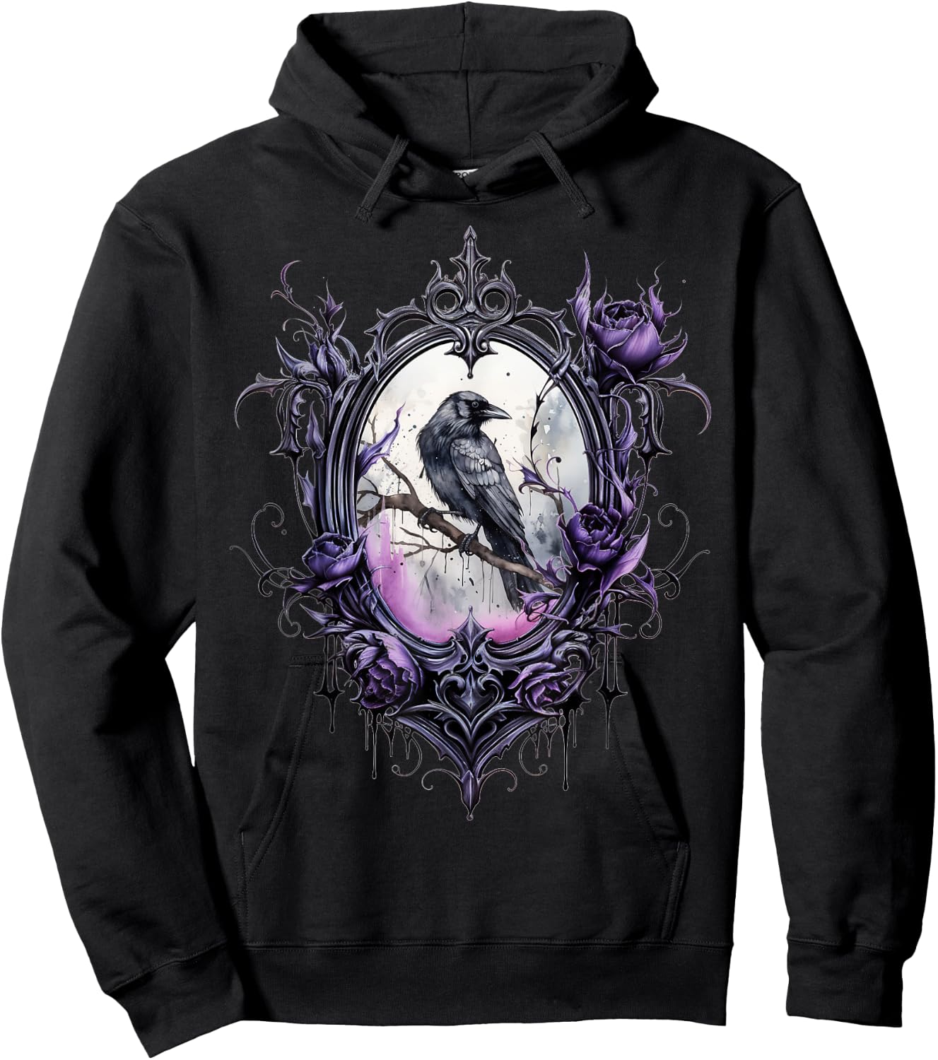 Gothic Halloween Raven Rose Purple Majestic Bird Hoodie - Hoodie | Black