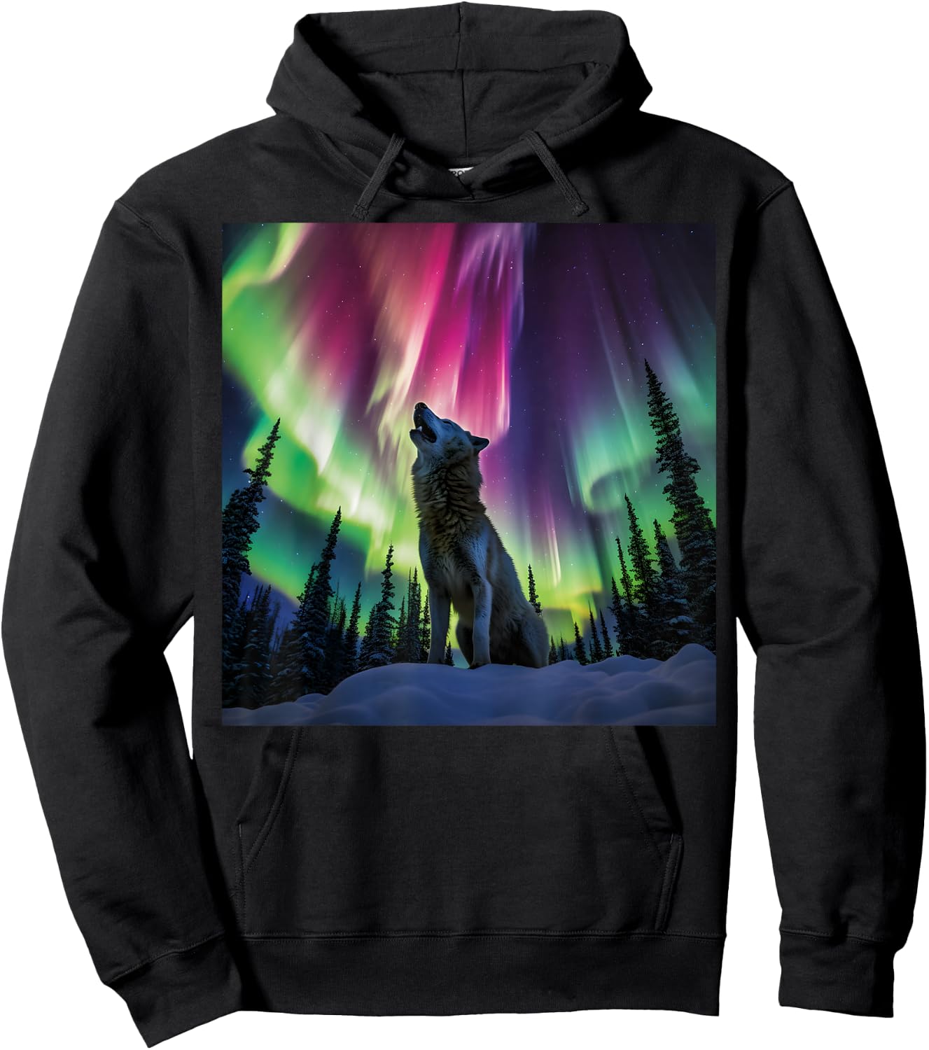 Alaska Aurora Borealis Howling Wolf Aesthetic Photo Souvenir Hoodie - Hoodie | Black