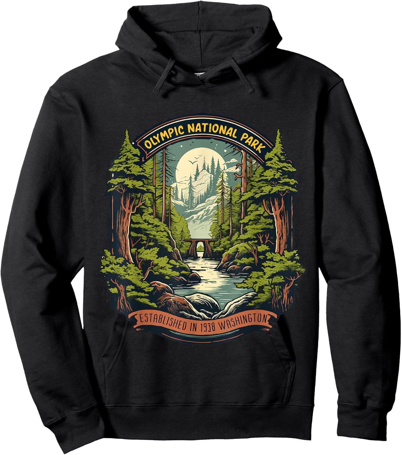 Olympic National Park -Adults Retro Black Cotton Small Hoodie - Hoodie | Black