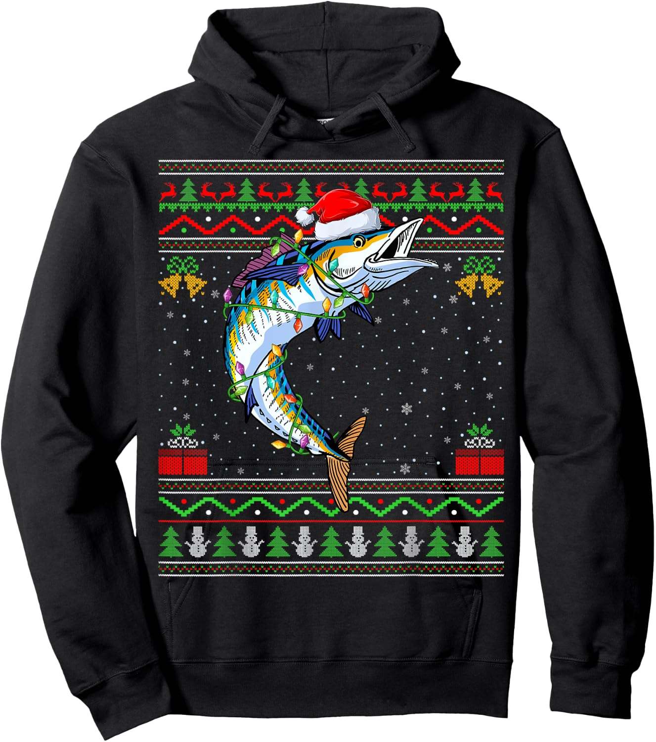Xmas Lights Ugly Sweater Style Santa Wahoo Fish Christmas Hoodie - Hoodie | Black