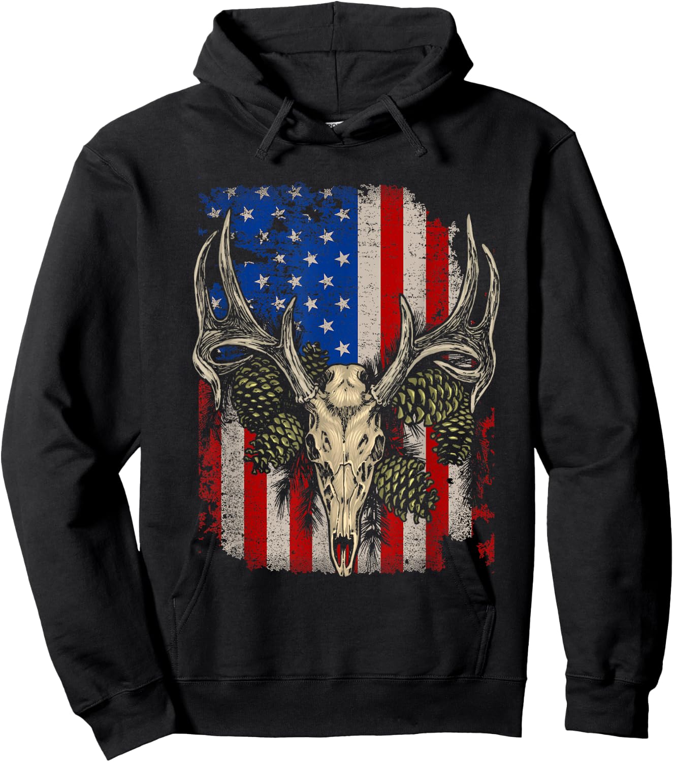Deer Hunting Skull Whitetail Buck American Flag Vintage Hoodie - Hoodie | Black