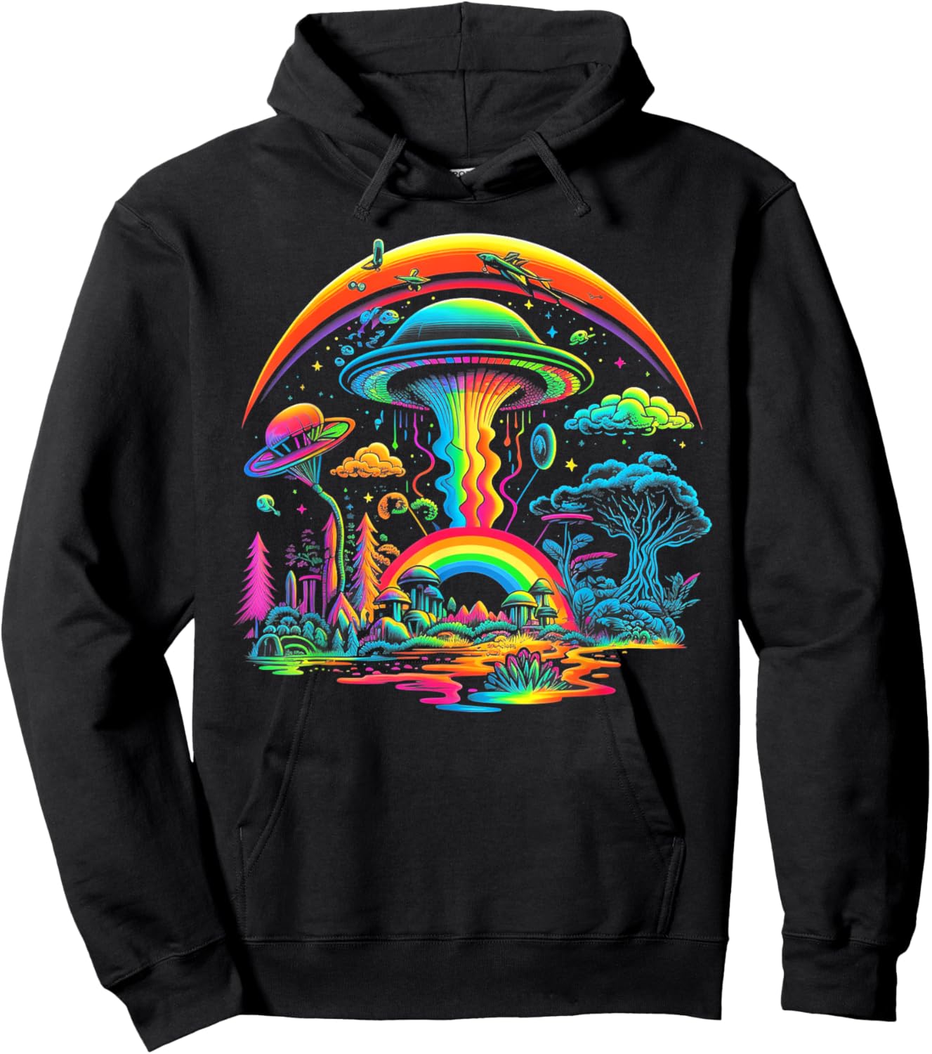 UFO Funny Alien Retro Mushroom Vintage 60s 80s 70s Rainbow Hoodie - Hoodie | Black