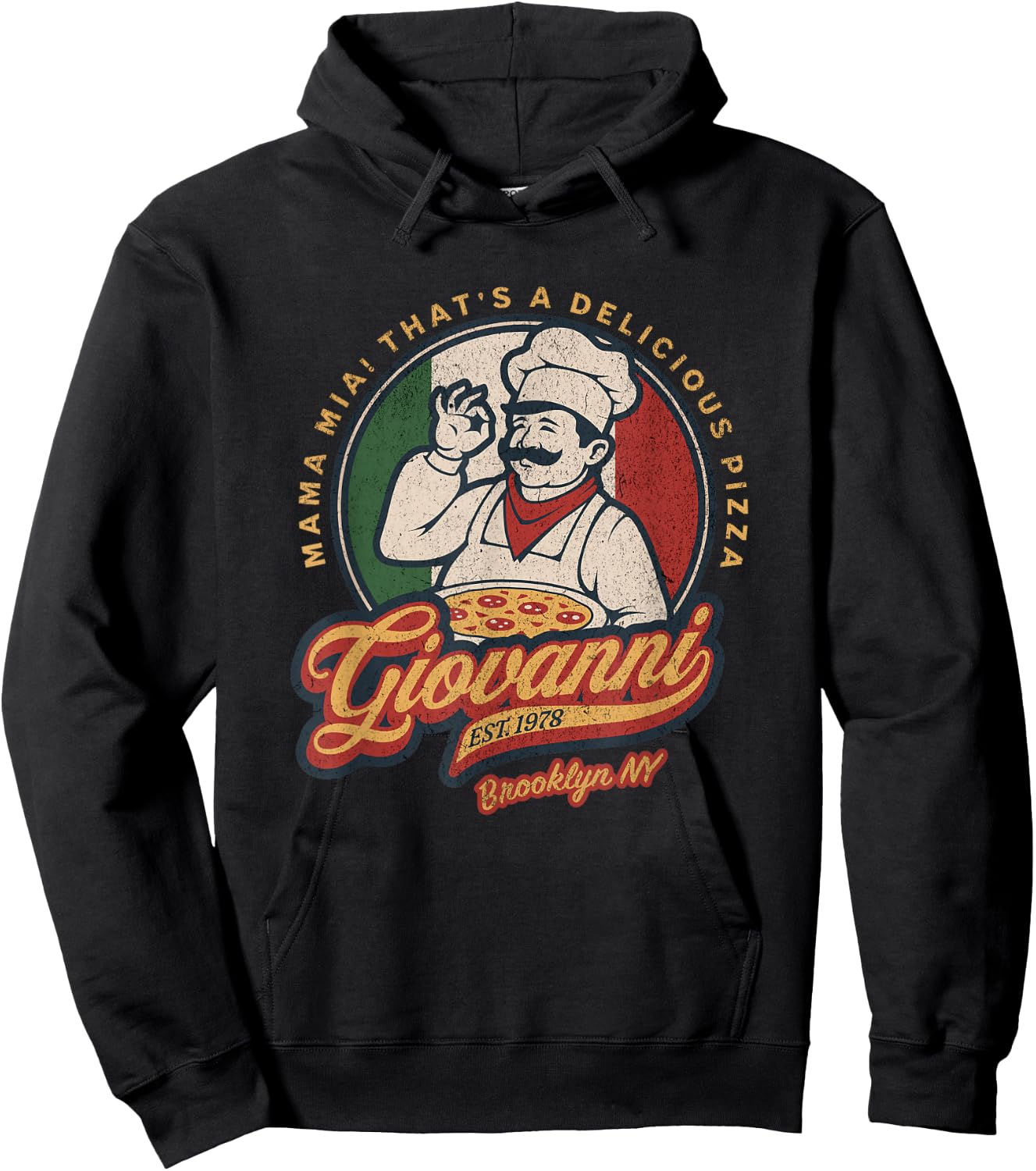 Vintage New York Pizza Retro 70s Giovanni Brooklyn NY Hoodie - Hoodie | Black