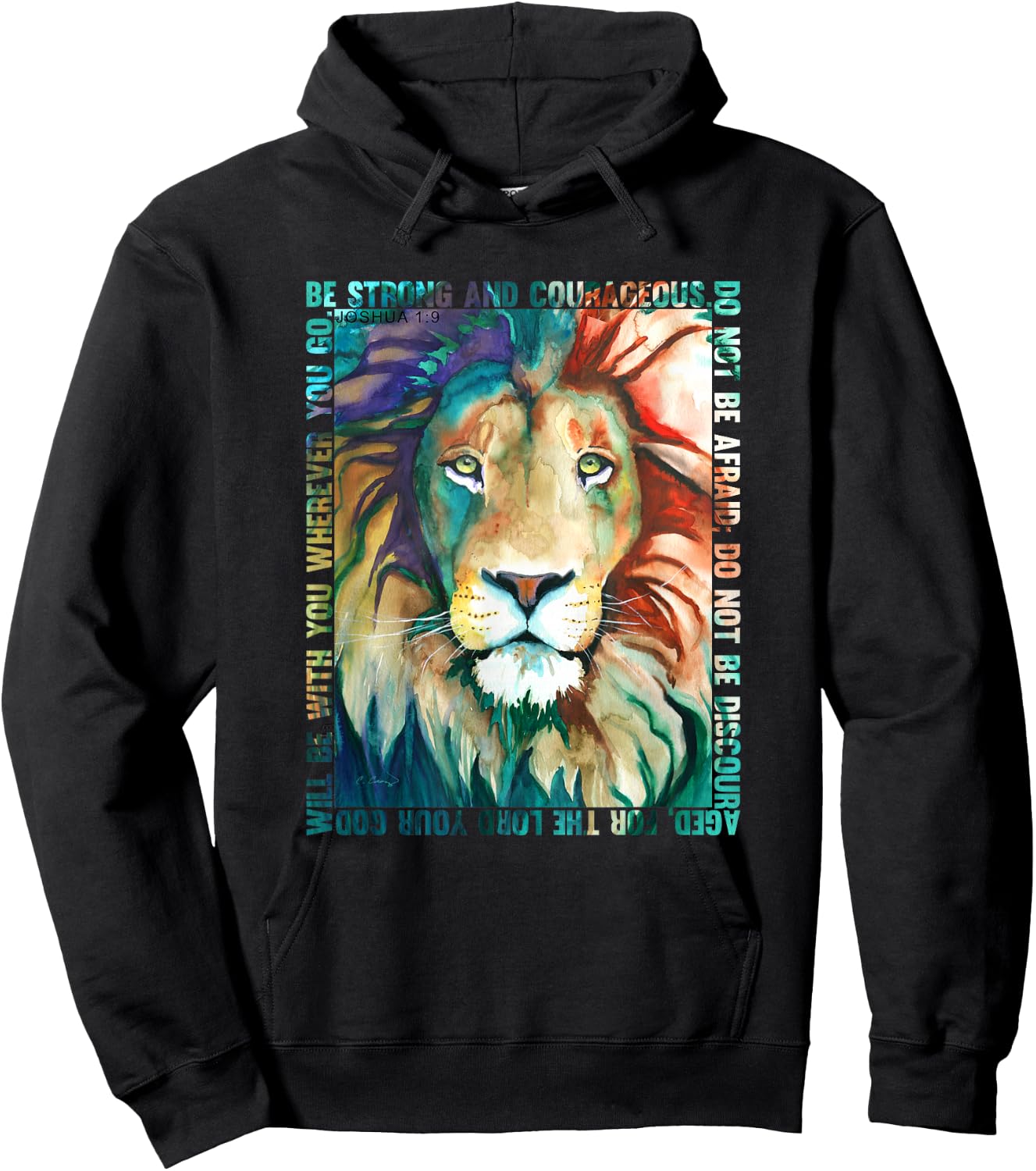 Lion Colorful Face Bible Verse Watercolor by Cheryl Casey Hoodie - Hoodie | Black