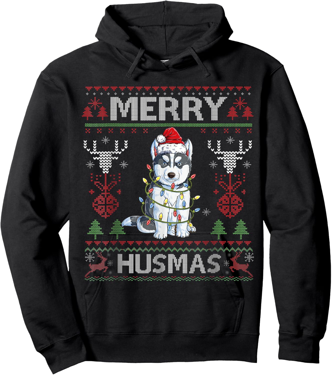 Cute Merry Huskymas Ugly Sweater Husky Christmas Tree Dog Hoodie - Hoodie | Black