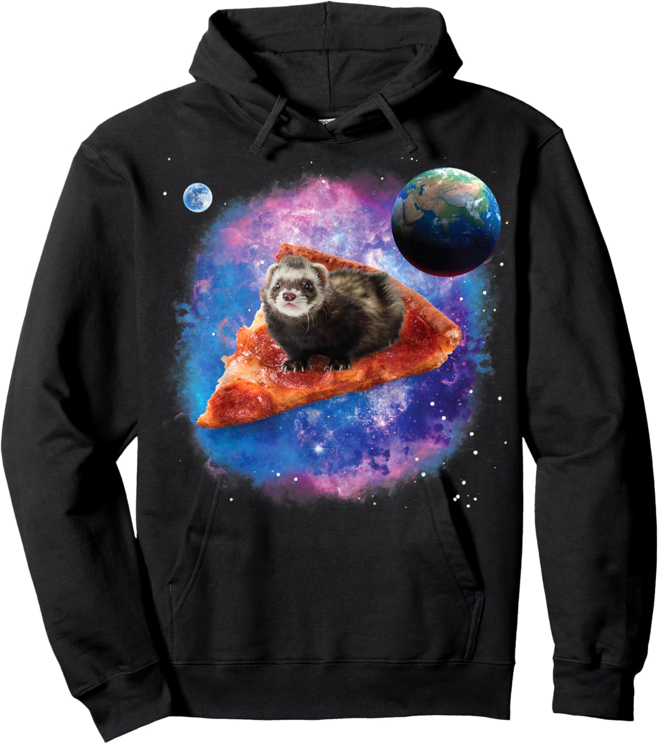 Funny Ferret on a Pizza in Space Ferret Hoodie - Hoodie | Black