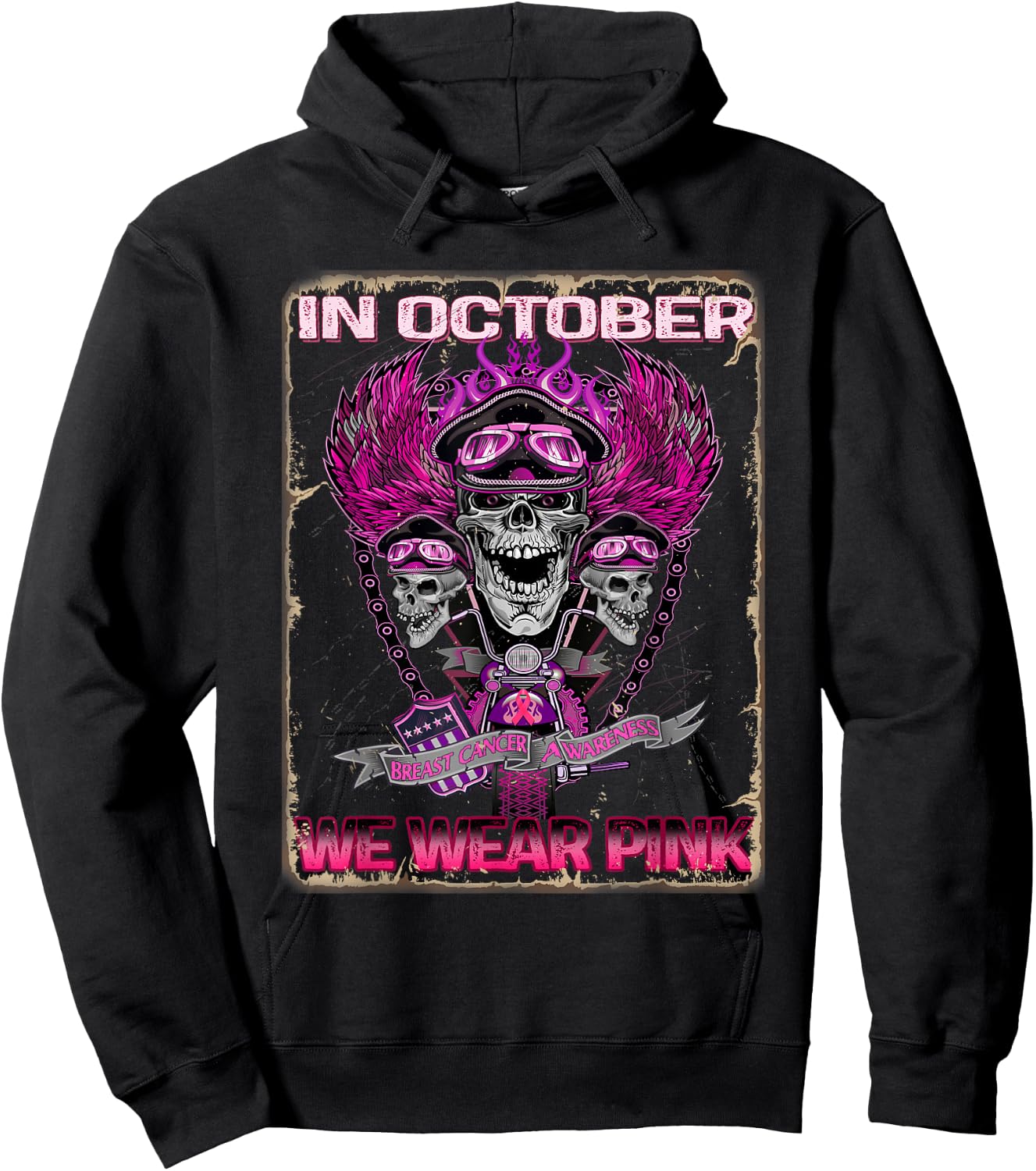 In October We Wear Pink Motorcycle Breast Cancer Biker Skull Hoodie - Hoodie | Black