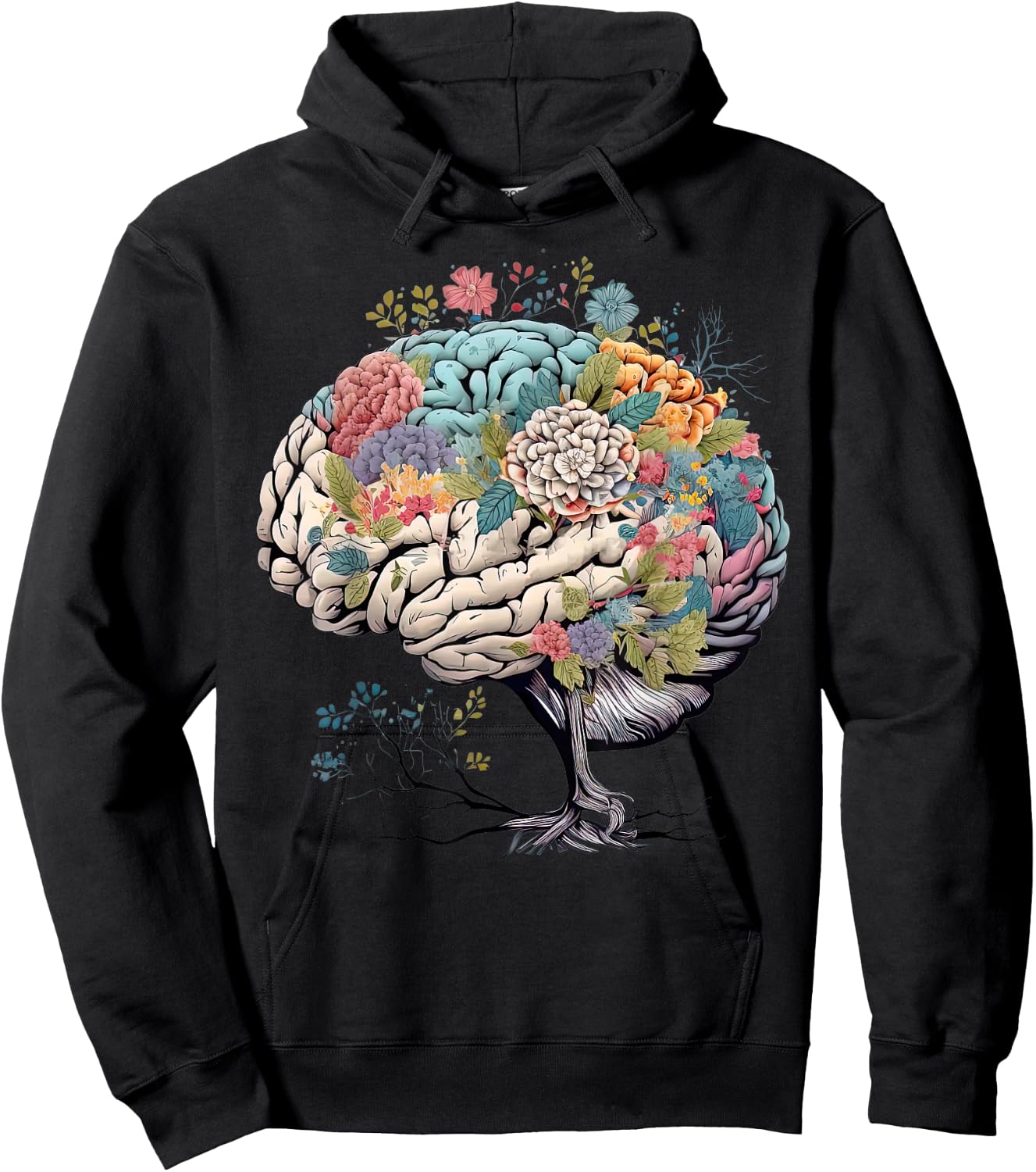 Floral Anatomical Brain Tree Mental Health Awareness Hoodie - Hoodie | Black